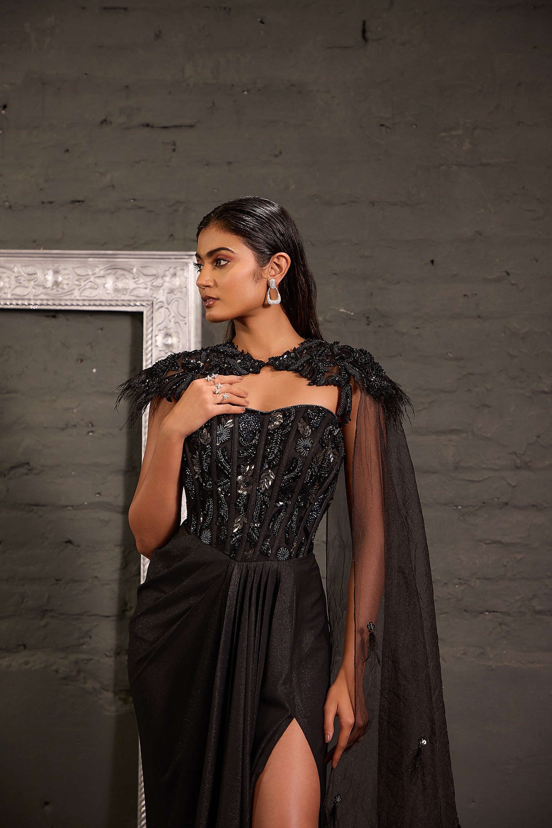 Metallic Corset Gown With Detachable Shoulder Cape
