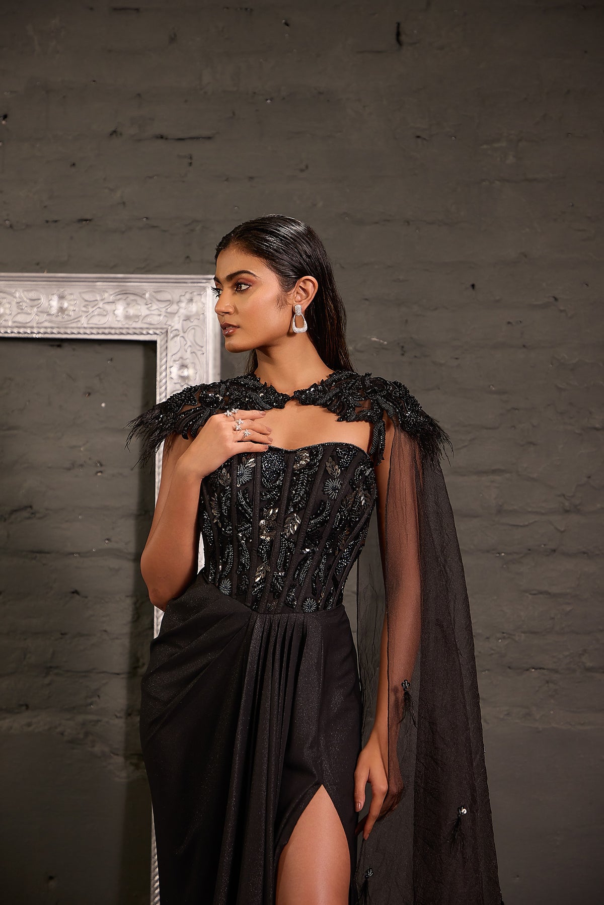 Metallic Corset Gown With Detachable Shoulder Cape