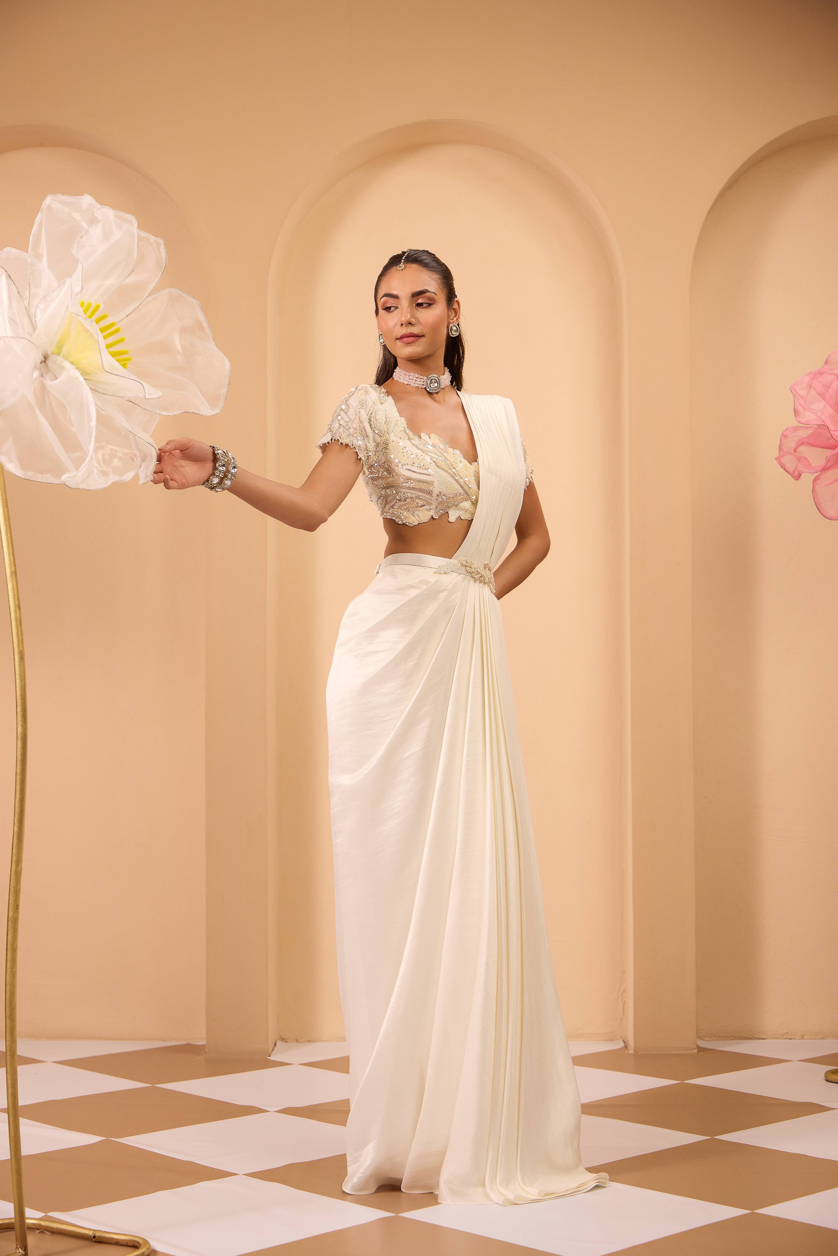 Hand Embroidered Ivory Blouse with Drape Saree