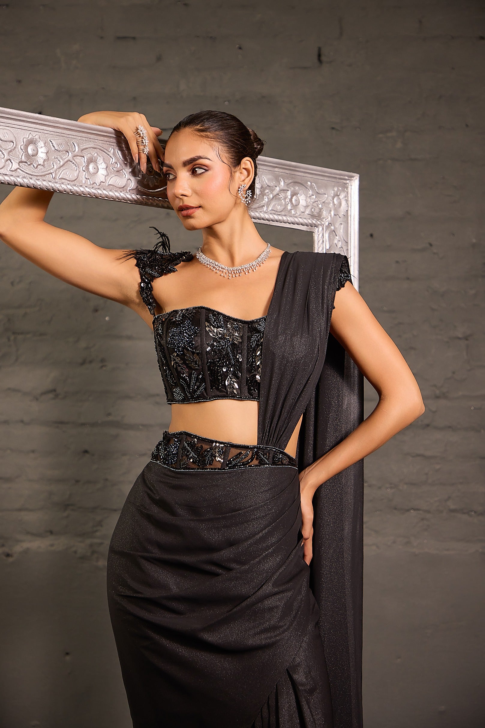 Metallic Drape Saree With Corset Cutwork Blouse