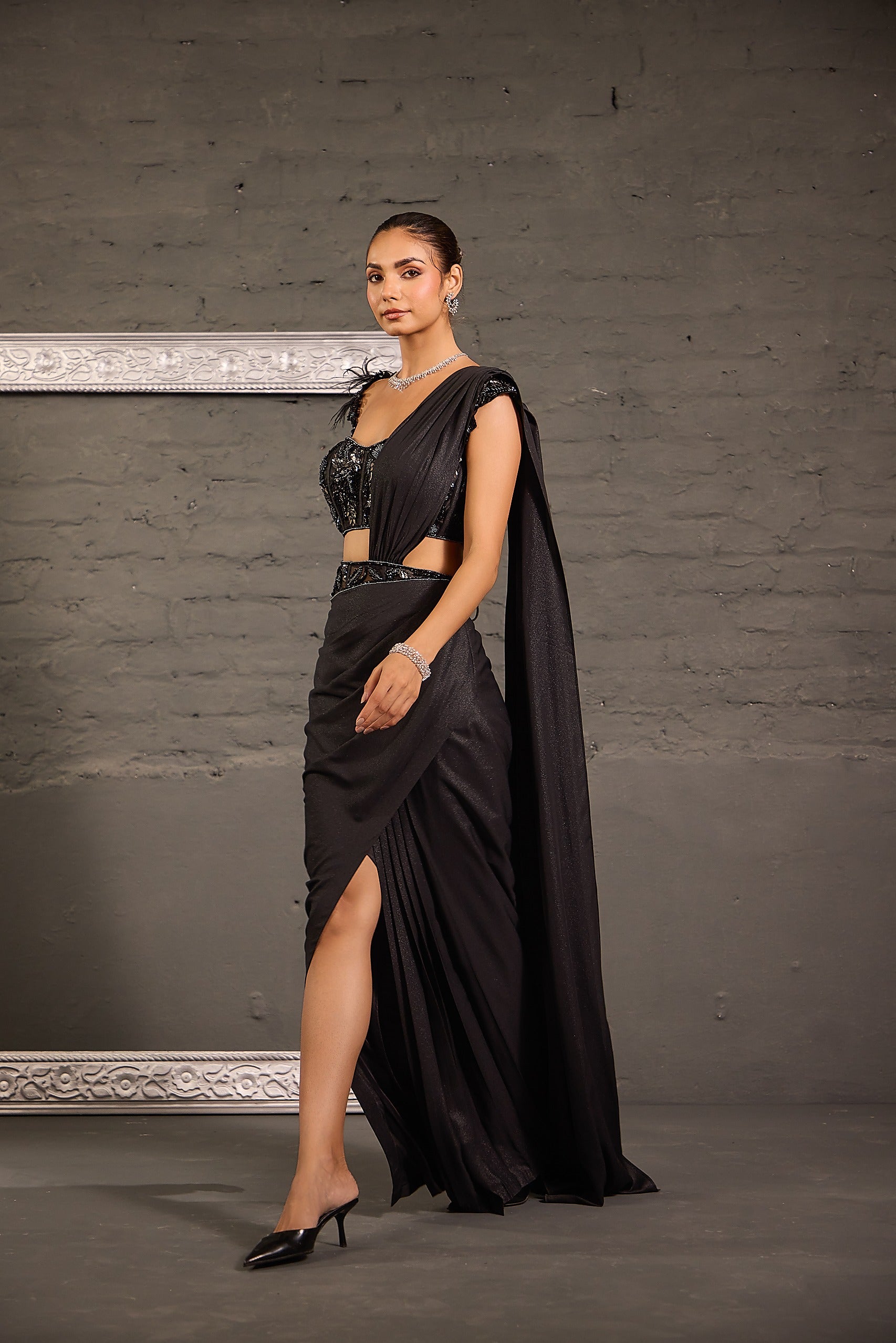 Metallic Drape Saree With Corset Cutwork Blouse