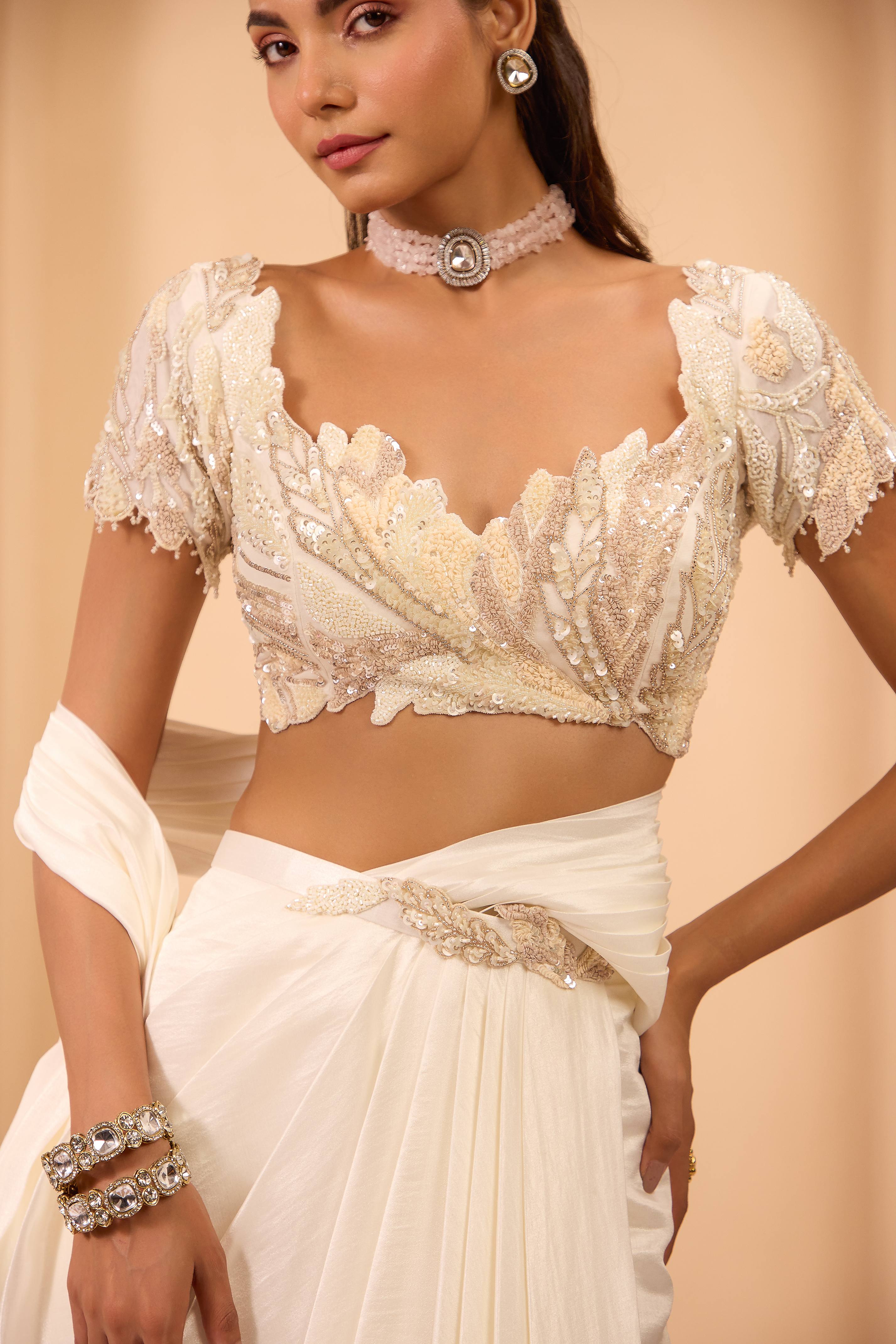 Hand Embroidered Ivory Blouse with Drape Saree