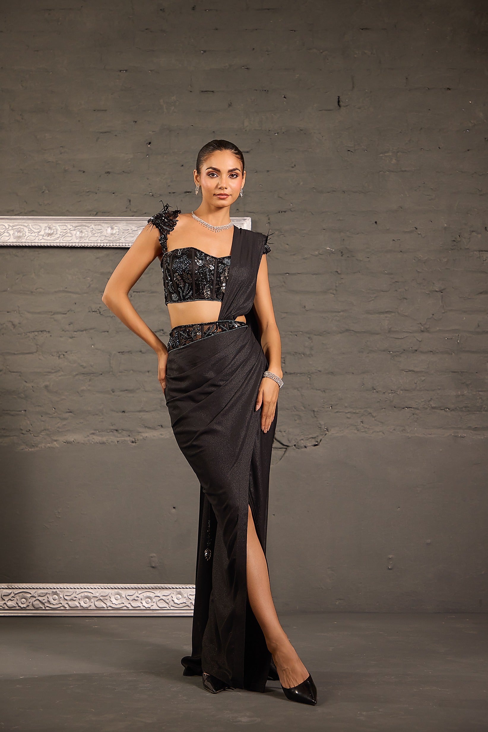 Metallic Drape Saree With Corset Cutwork Blouse