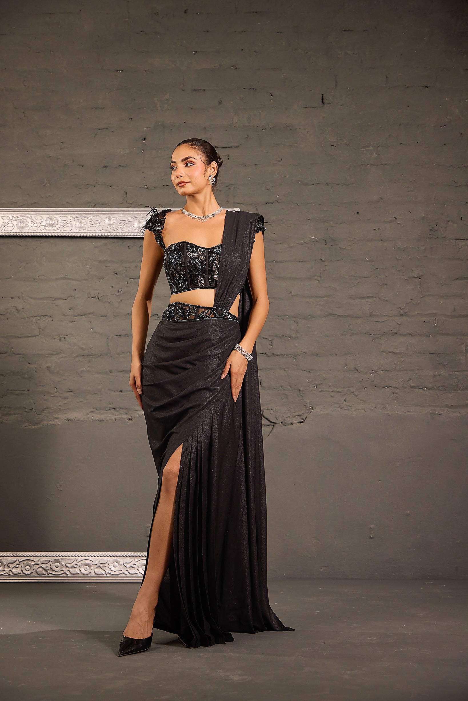 Metallic Drape Saree With Corset Cutwork Blouse