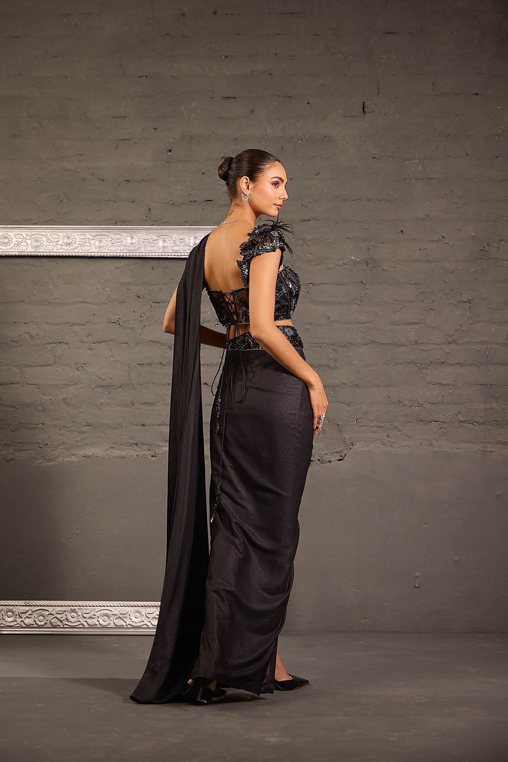 Metallic Drape Saree With Corset Cutwork Blouse