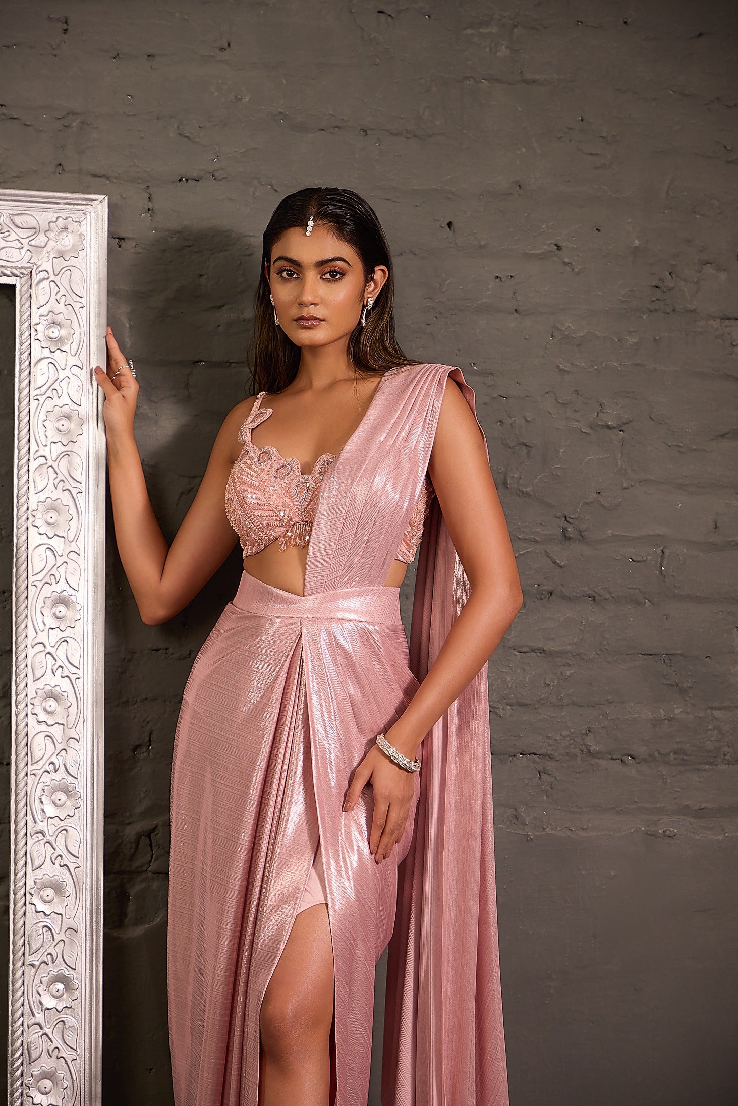 Pink Cutwork Blouse With  Metallic Drape Saree