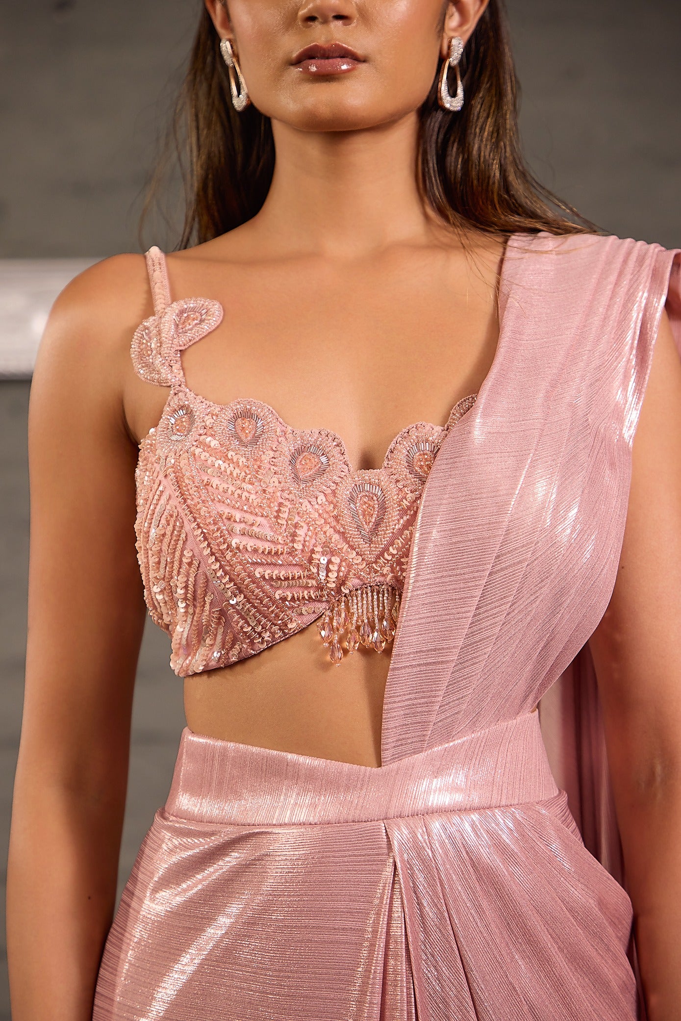 Pink Cutwork Blouse With  Metallic Drape Saree