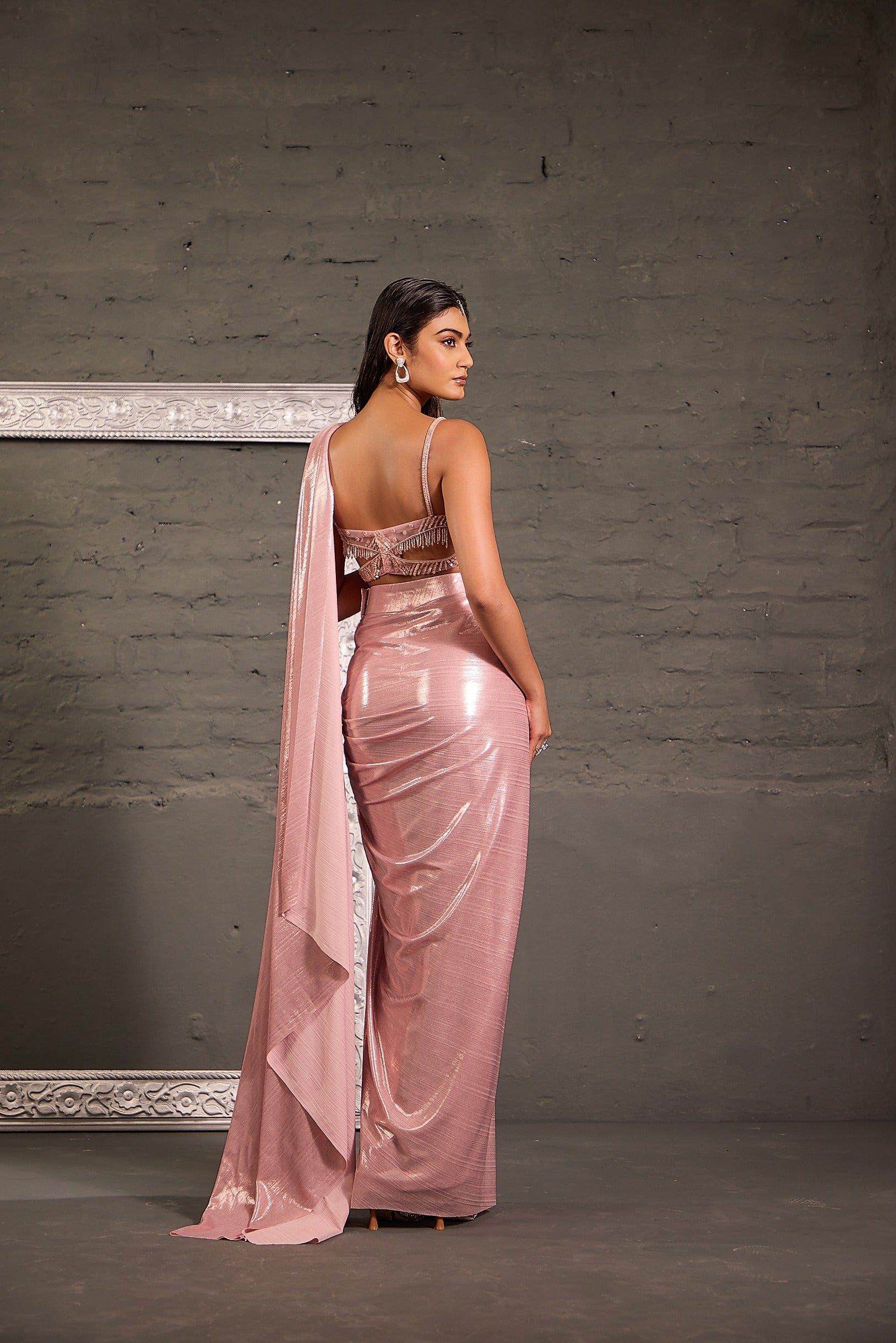 Pink Cutwork Blouse With  Metallic Drape Saree