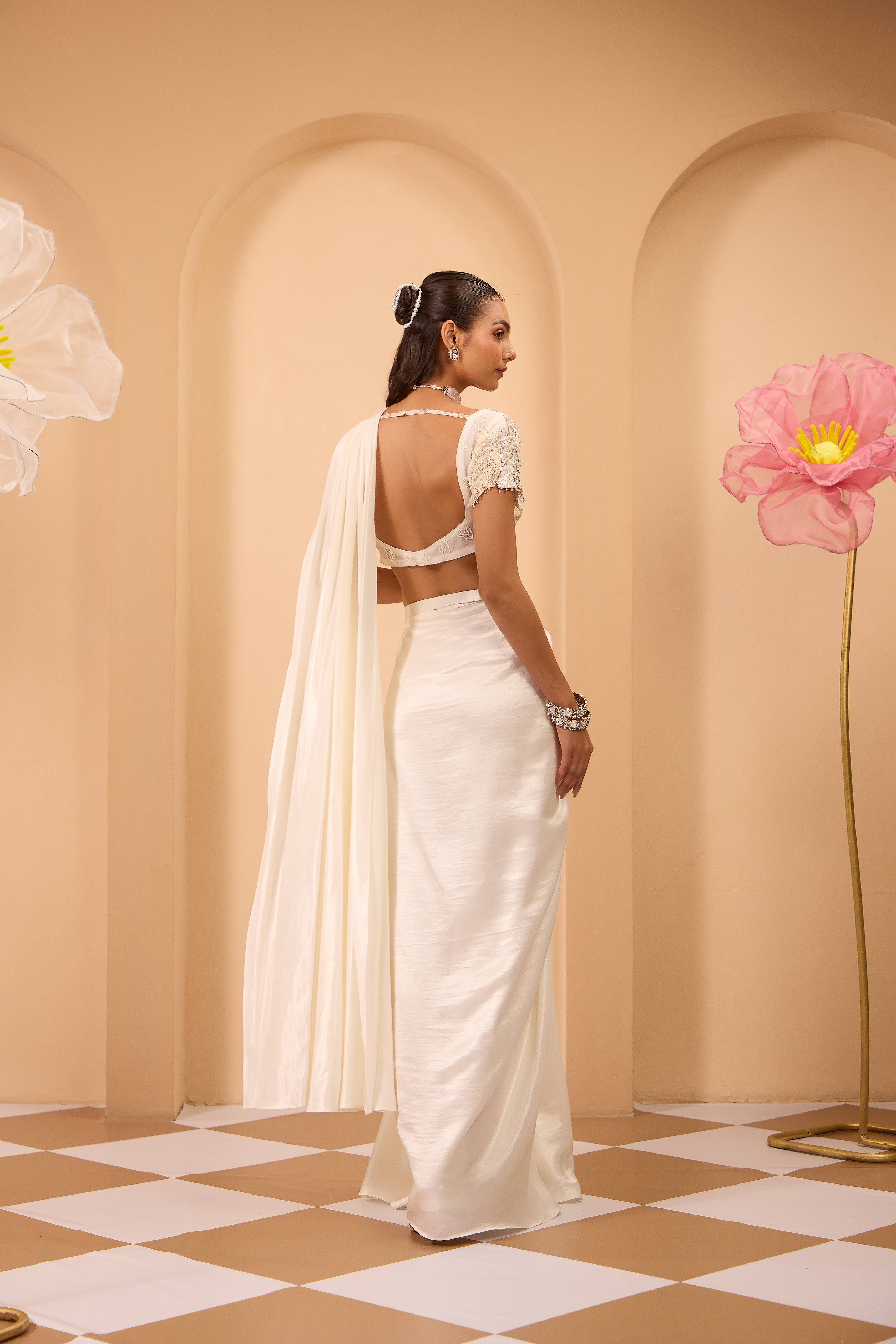 Hand Embroidered Ivory Blouse with Drape Saree