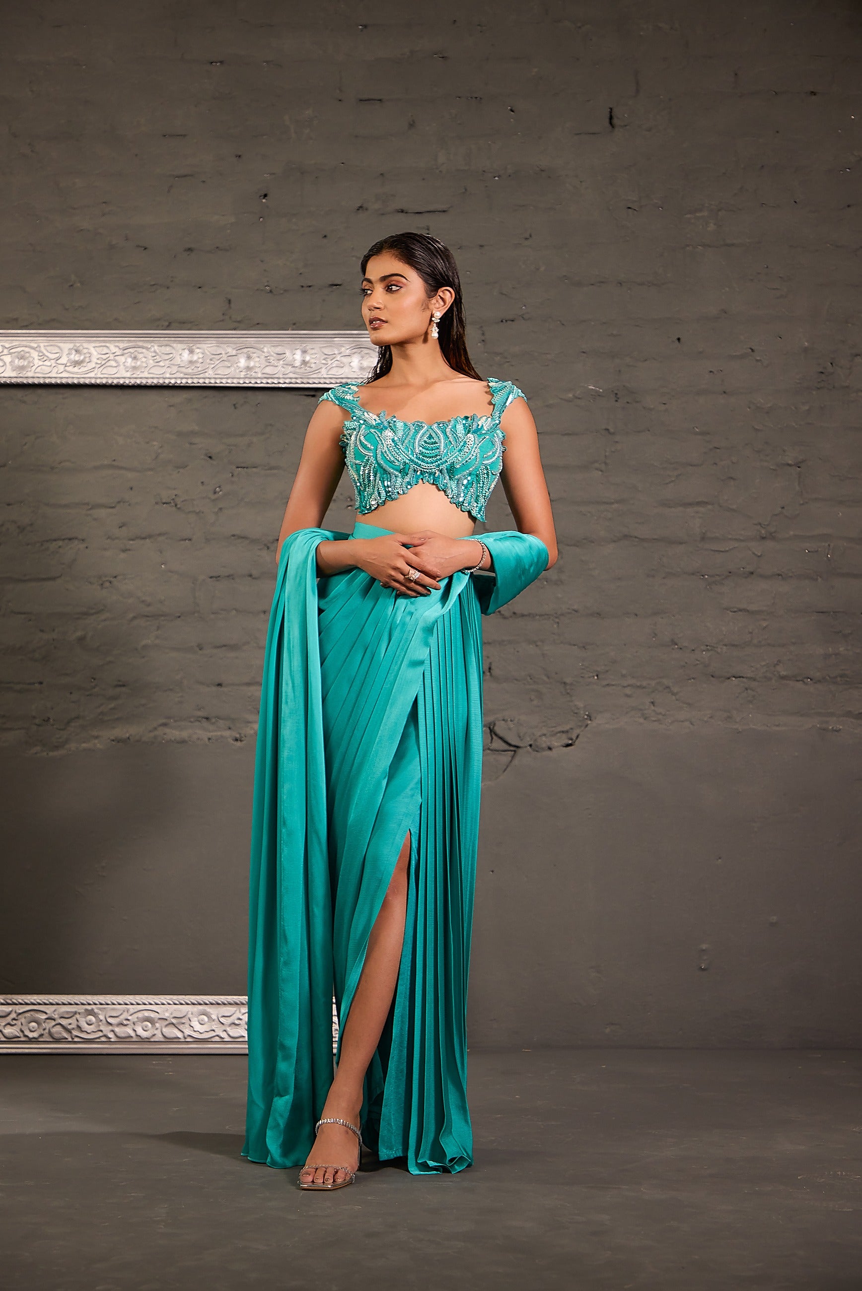 Cutwork Aqua Blue Blouse With Drape Saree