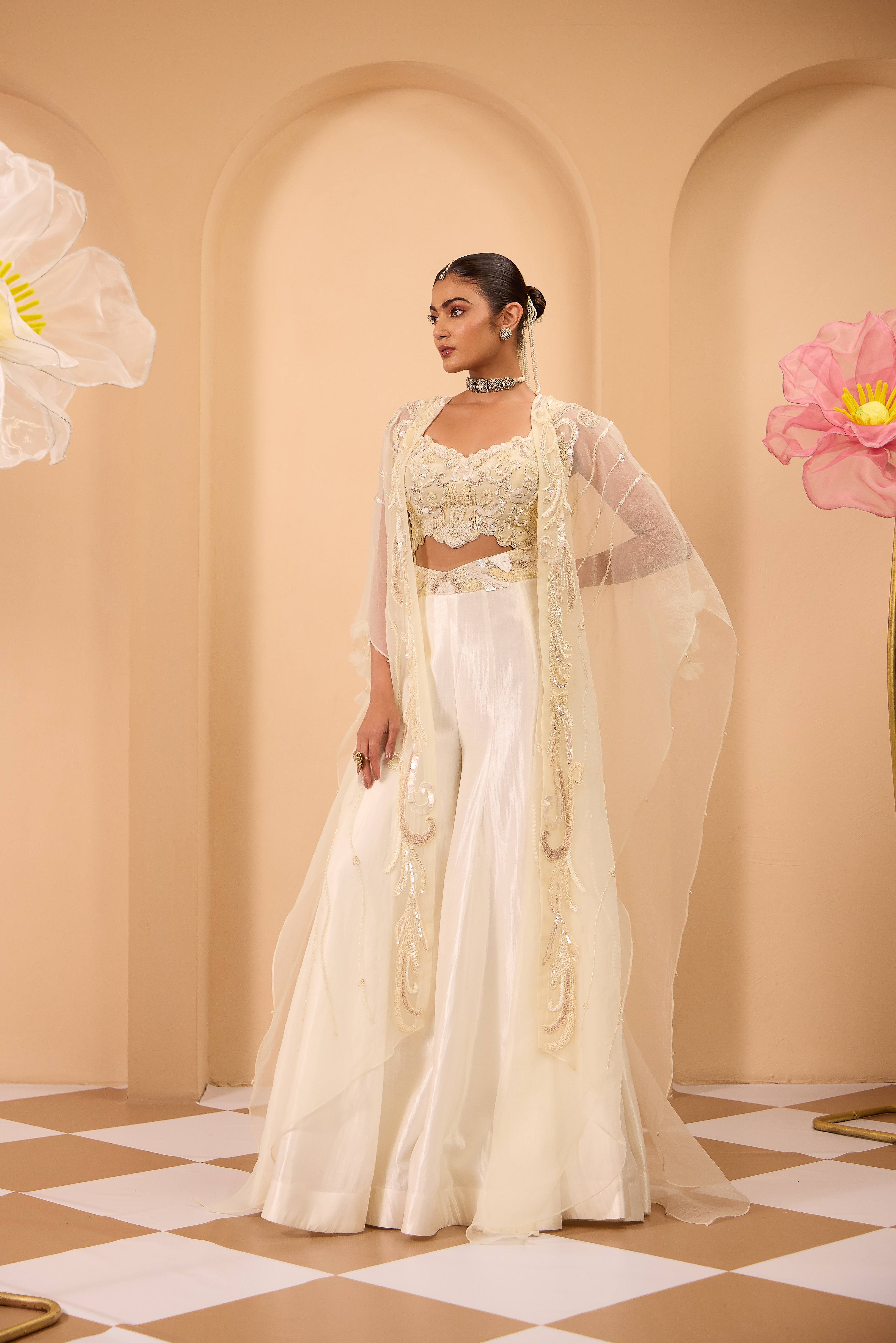 Ivory Hand Embroidered Cape With Blouse & Sharara