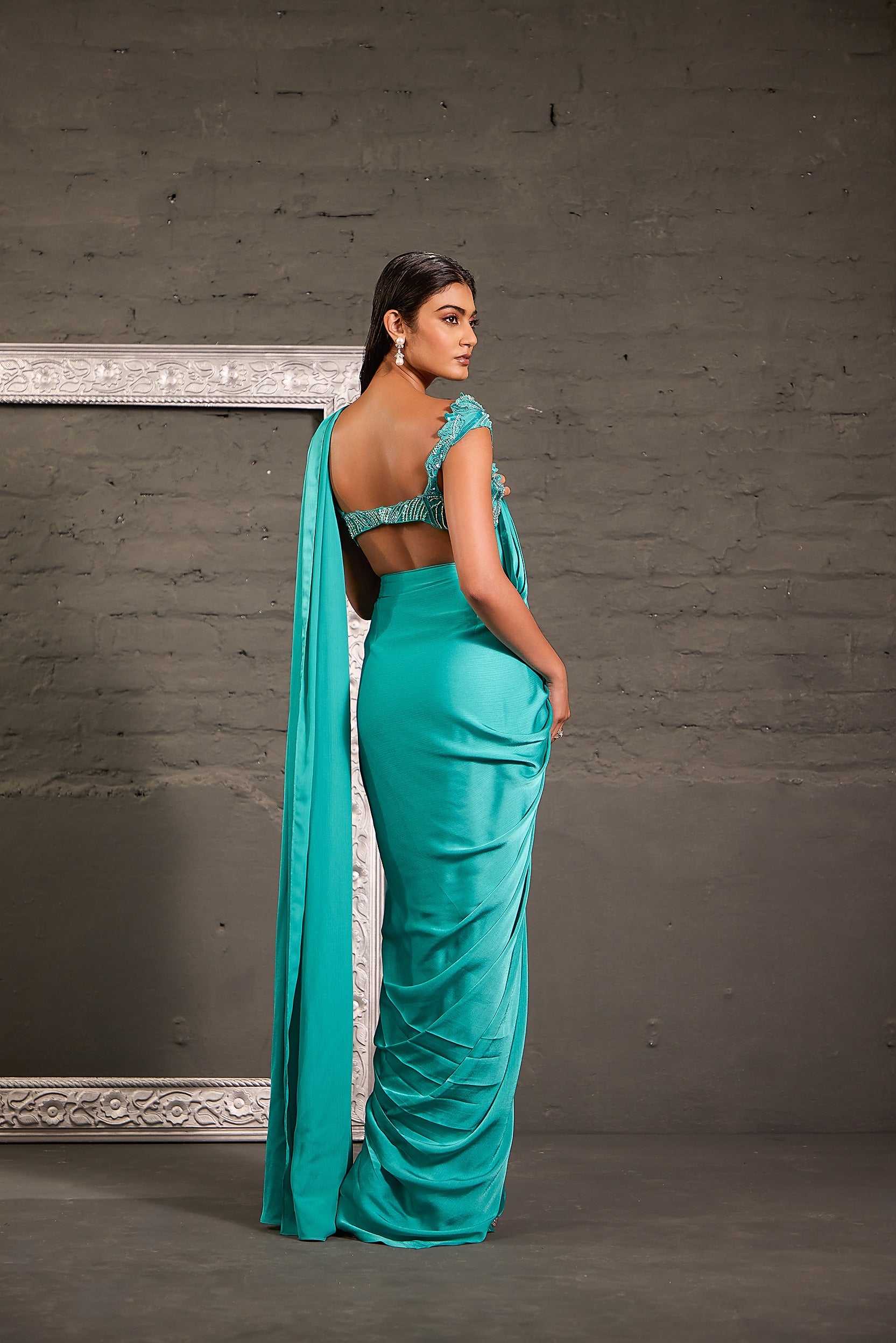 Cutwork Aqua Blue Blouse With Drape Saree