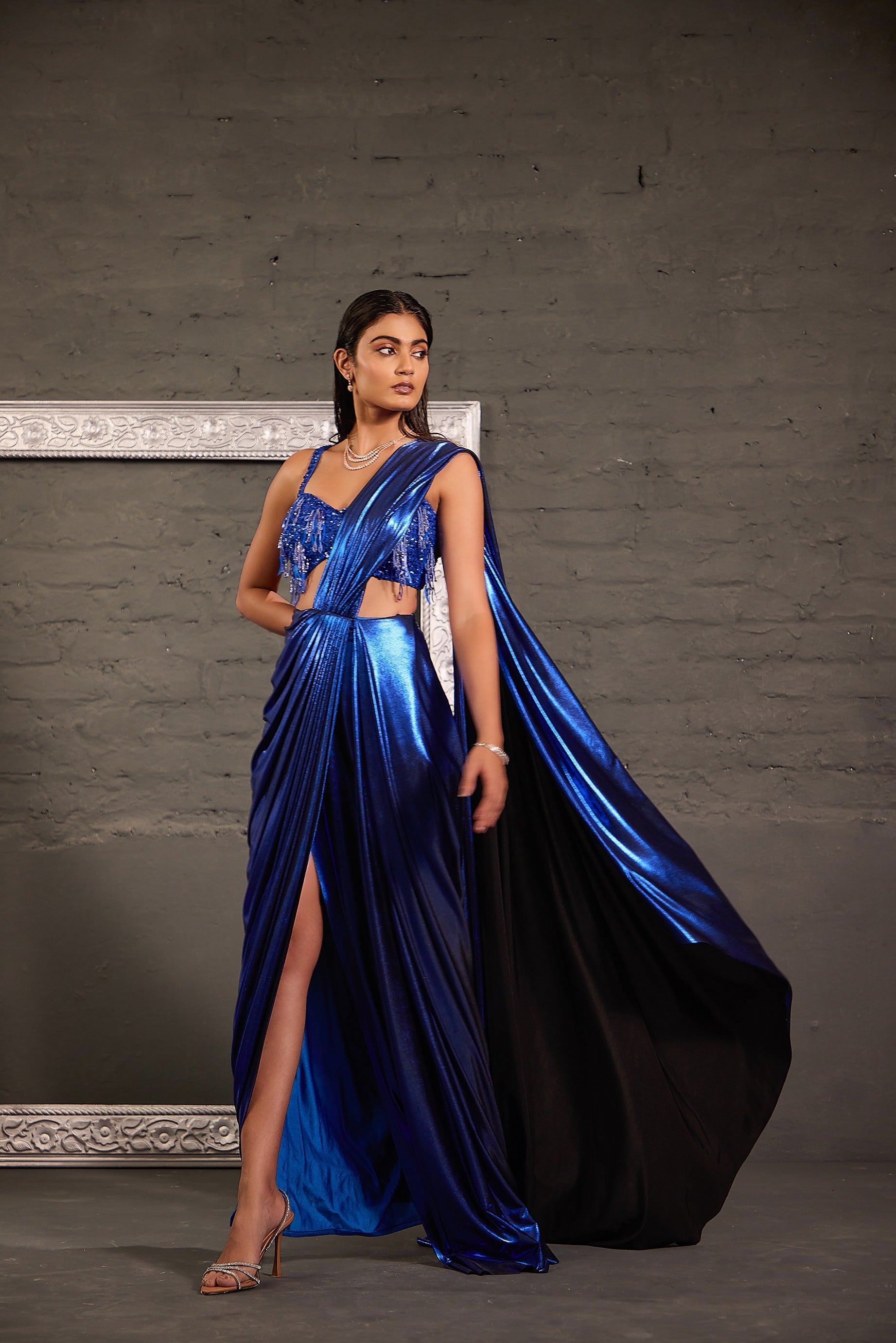 Tasseled Royal  Blue Cocktail Metallic Drape Saree Set
