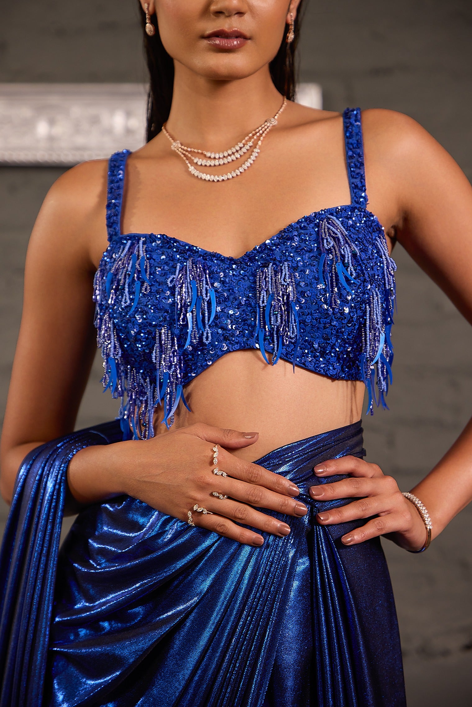 Tasseled Royal  Blue Cocktail Metallic Drape Saree Set
