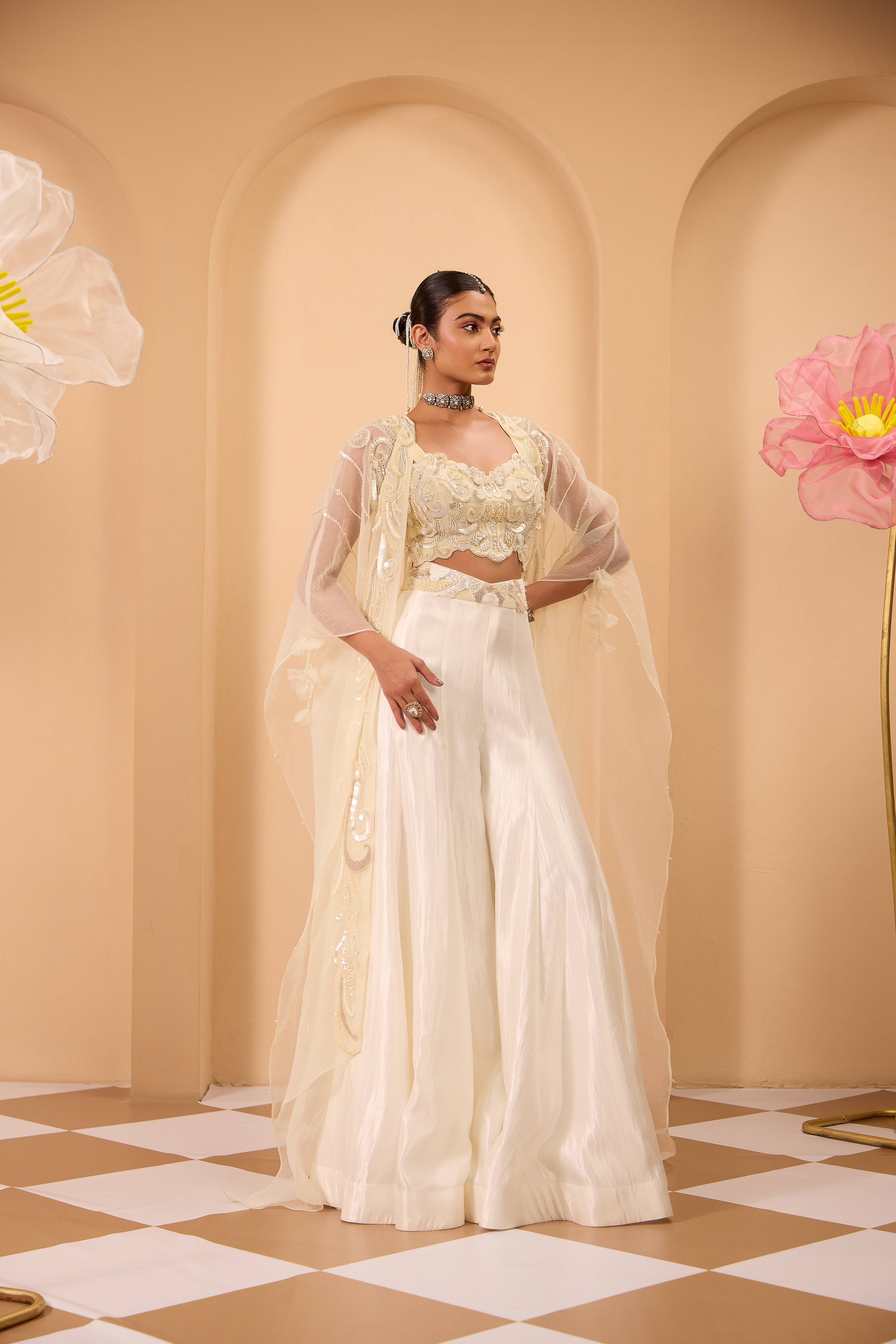 Ivory Hand Embroidered Cape With Blouse & Sharara