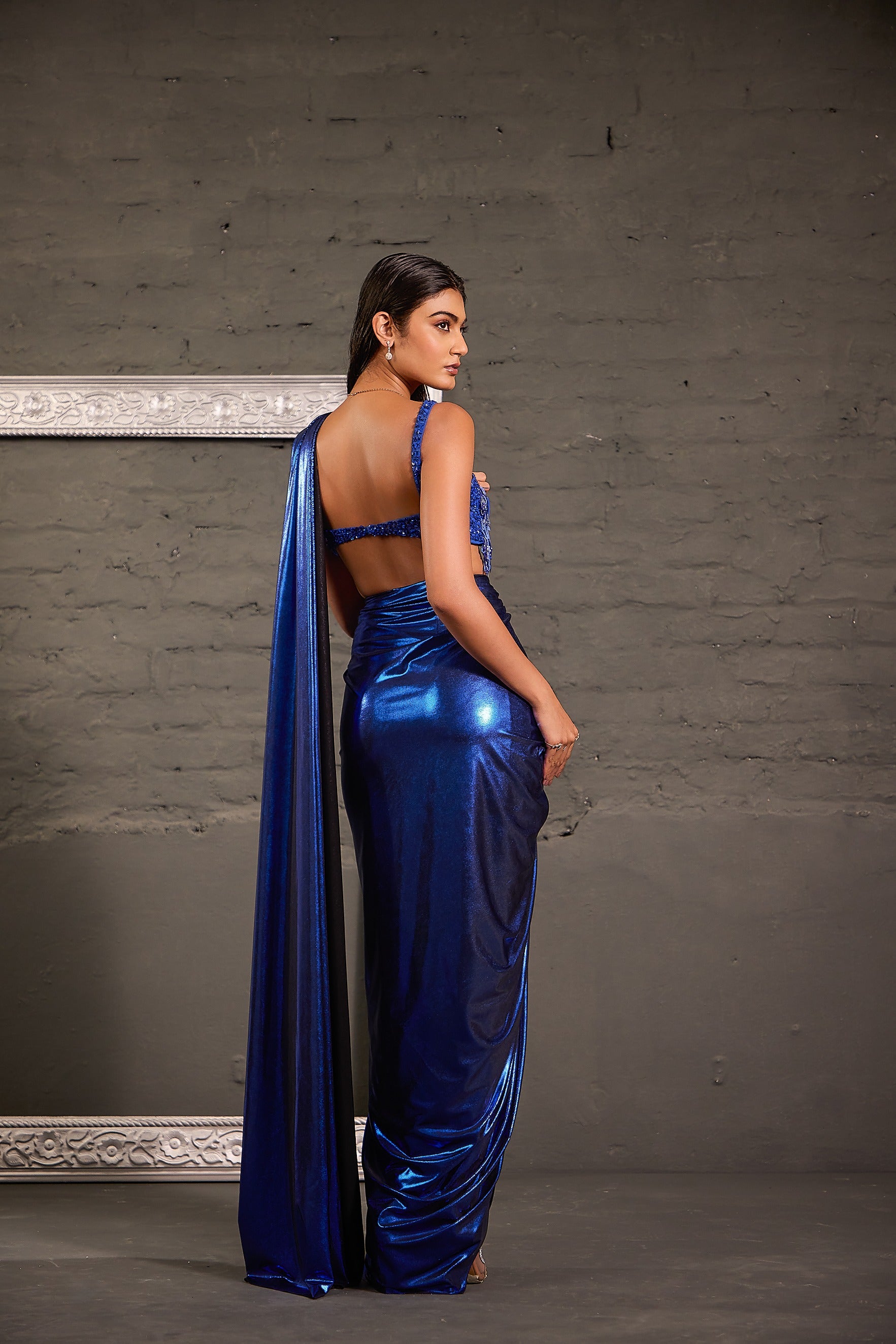 Tasseled Royal  Blue Cocktail Metallic Drape Saree Set