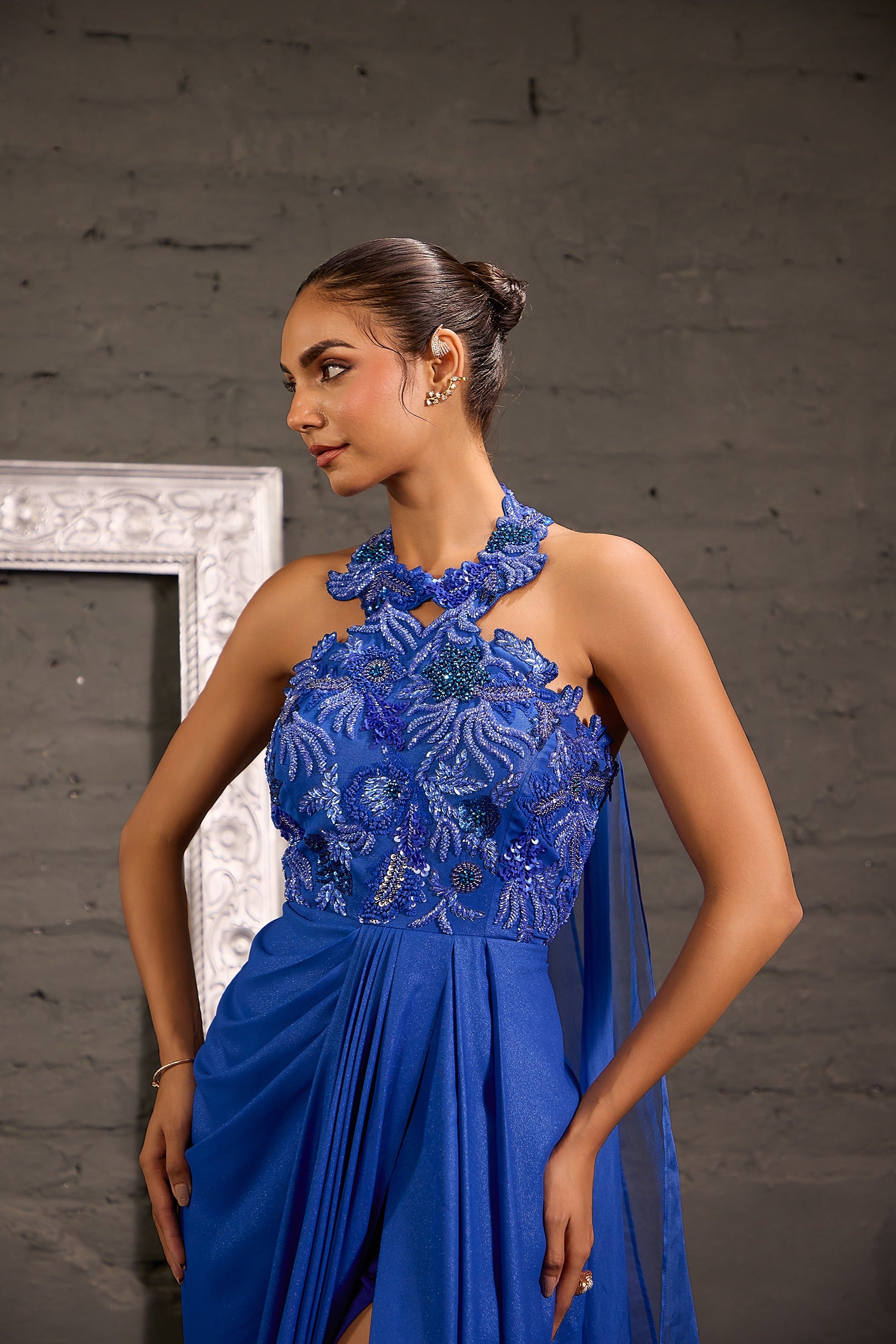 Cutwork Halterneck Drape Gown