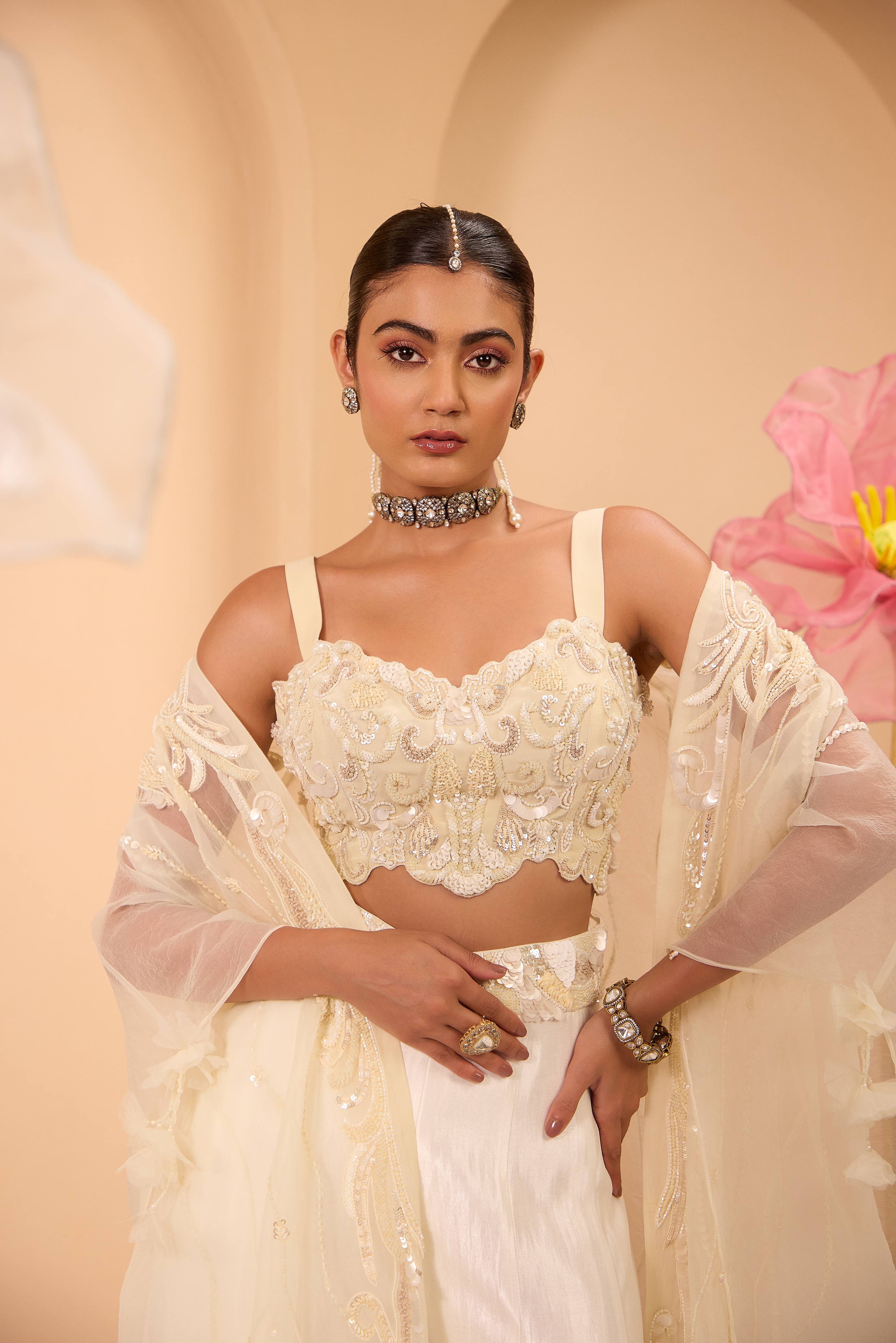 Ivory Hand Embroidered Blouse & flared Sharara