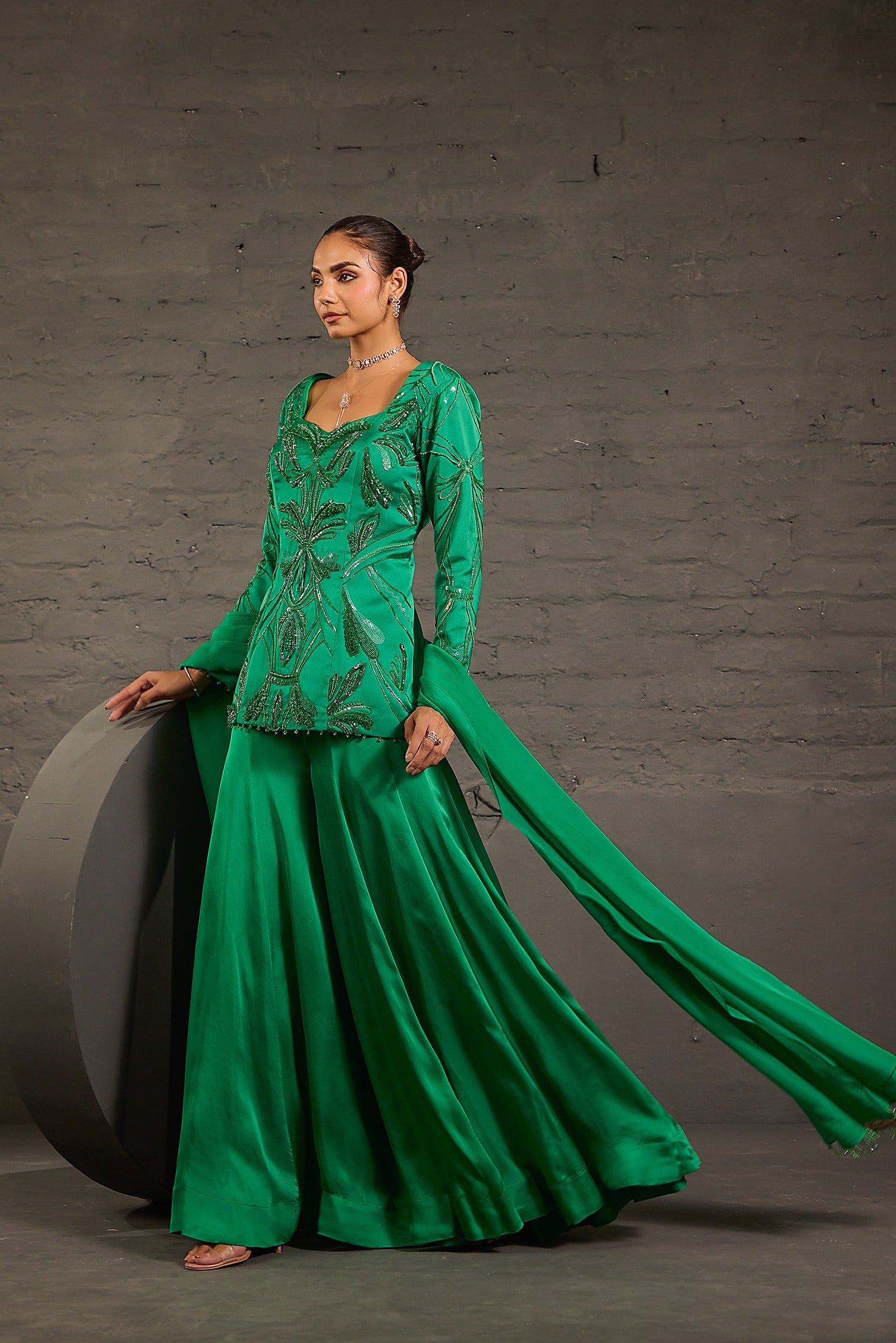 Emerald Green Embroidered Sharara Set