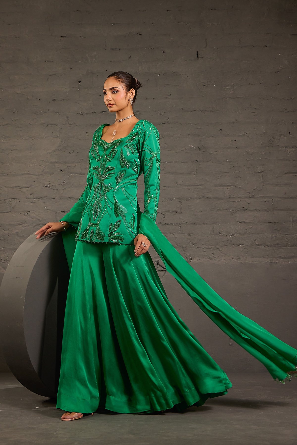 Emerald Green Embroidered Sharara Set