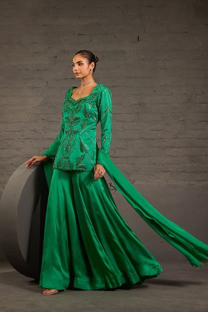 Emerald Green Embroidered Sharara Set