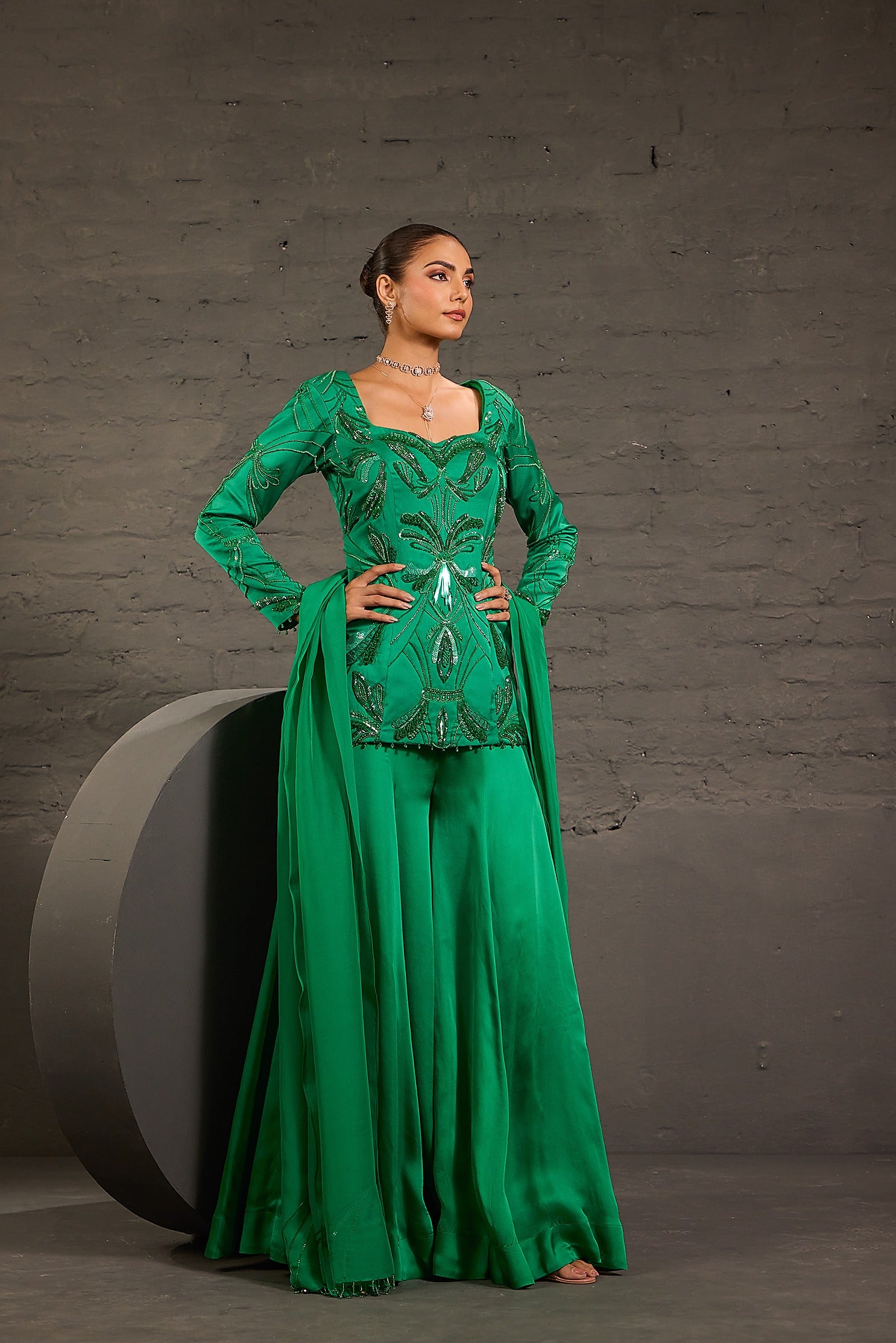 Emerald Green Embroidered Sharara Set