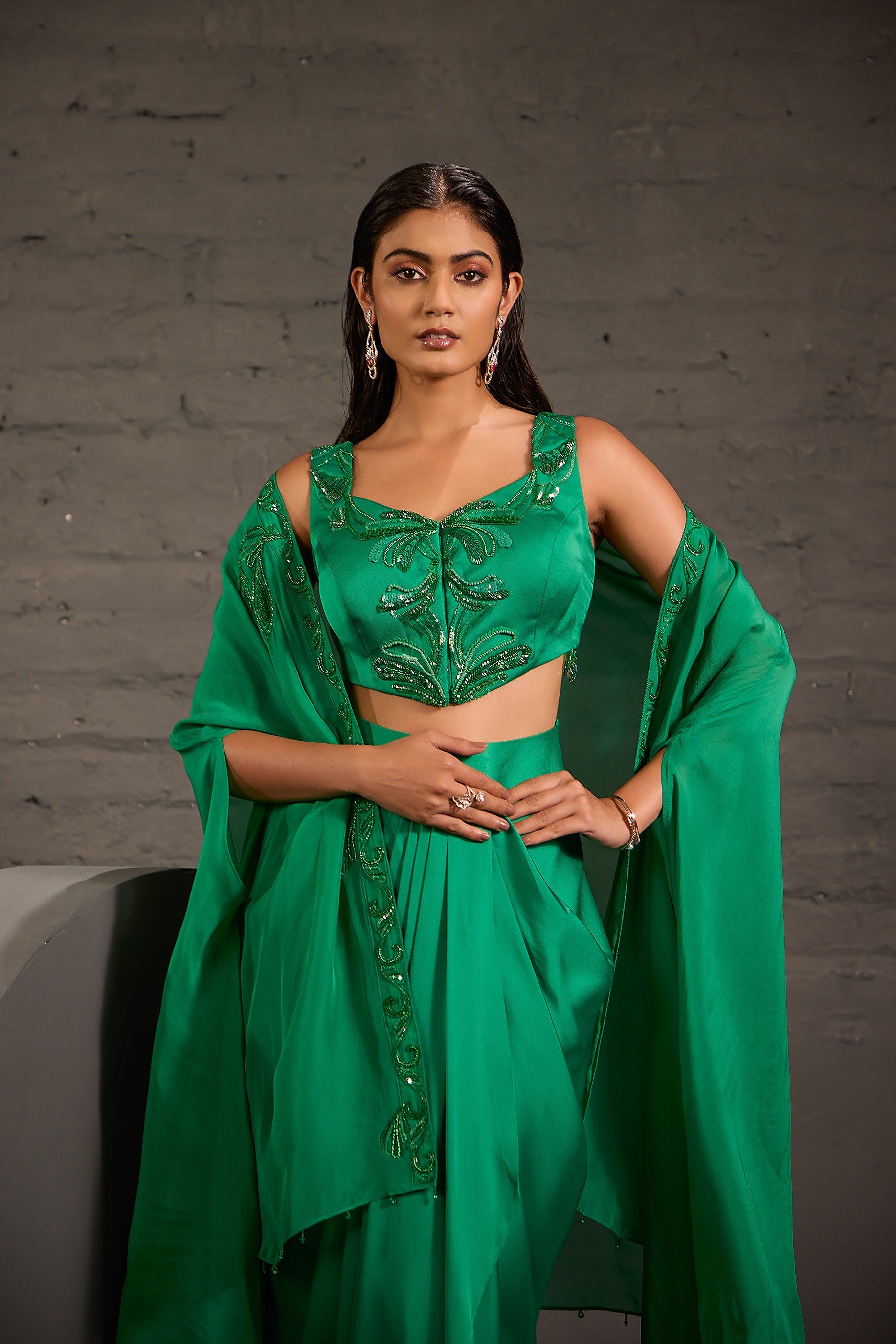Emarald Green Cape With Asymmetric Drape Skirt And Waistcoat Set