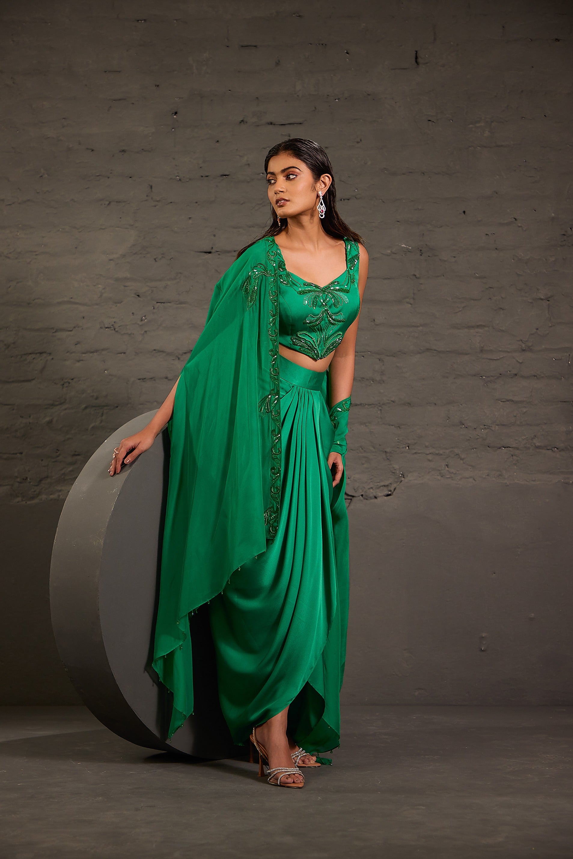 Emarald Green Cape With Asymmetric Drape Skirt And Waistcoat Set