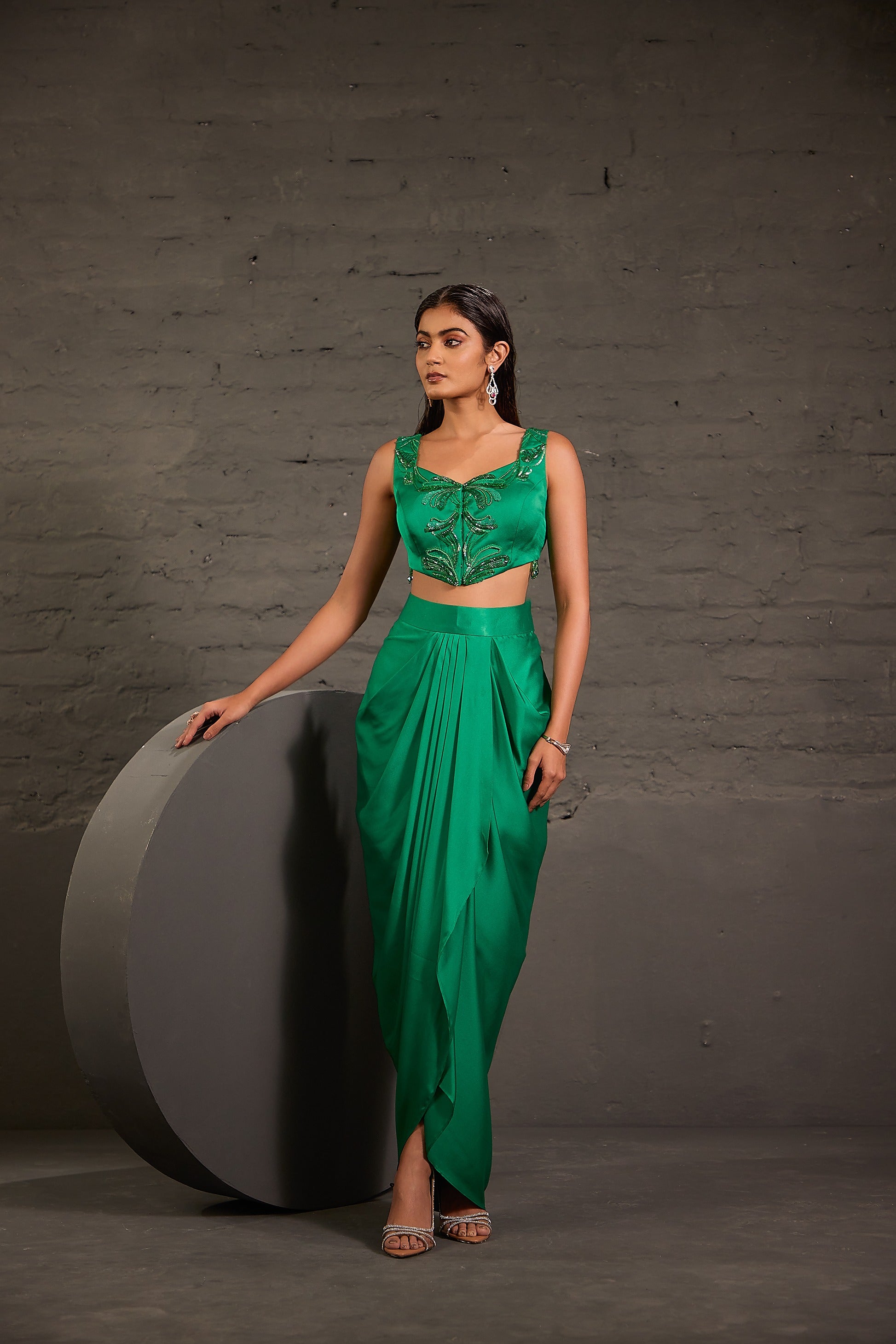 Emarald Green Cape With Asymmetric Drape Skirt And Waistcoat Set