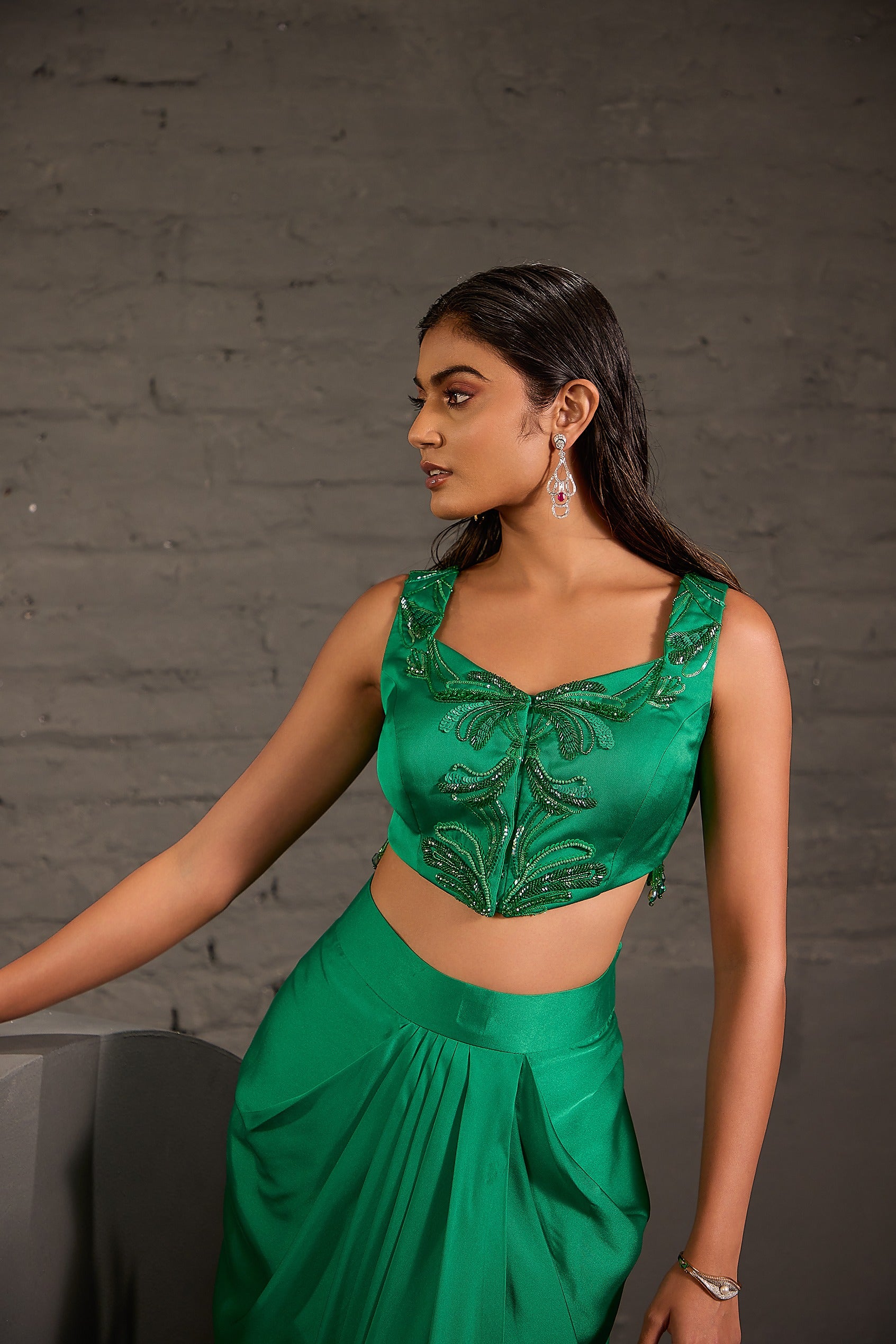 Emarald Green Drape Skirt And Waistcoat Set