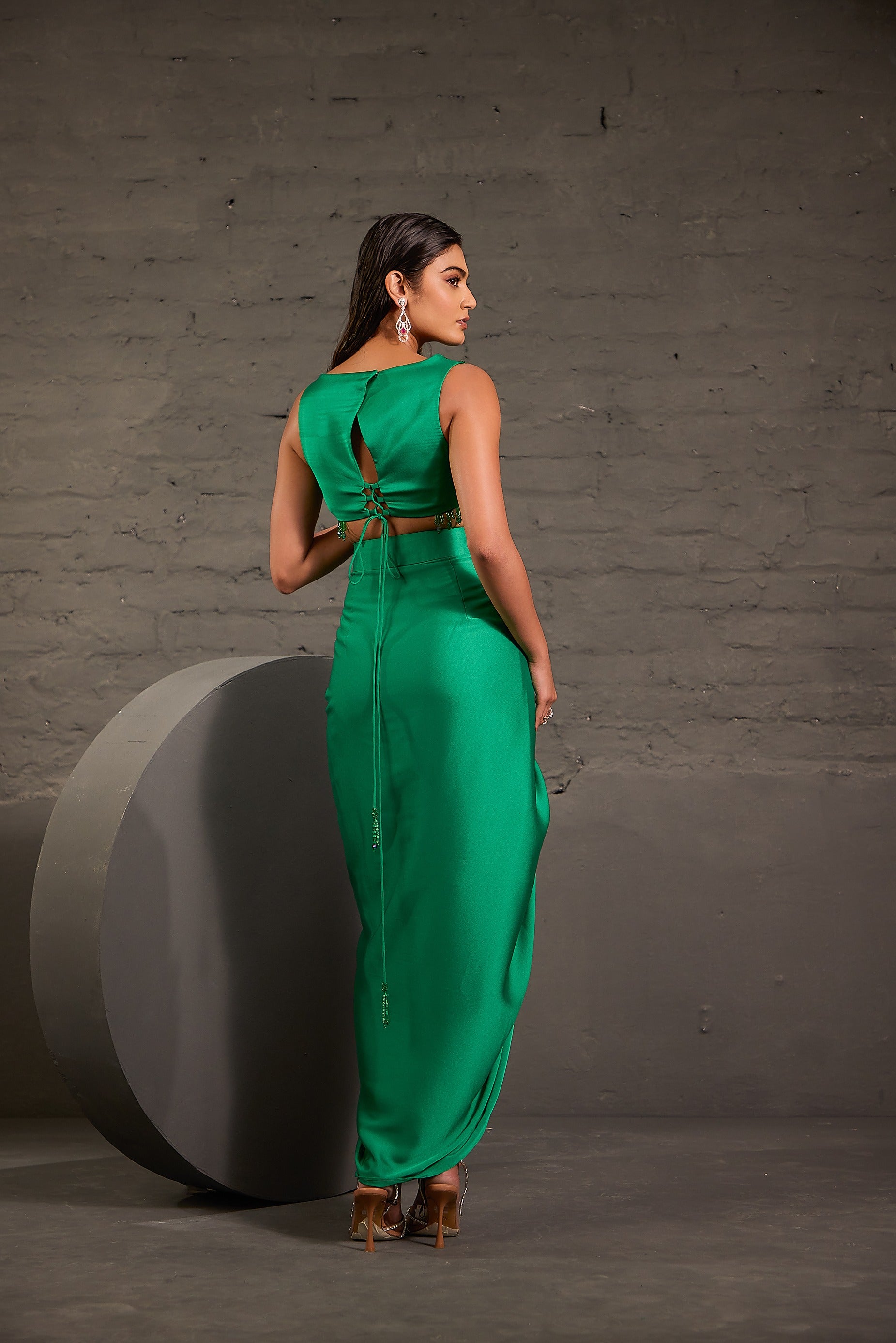Emarald Green Cape With Asymmetric Drape Skirt And Waistcoat Set