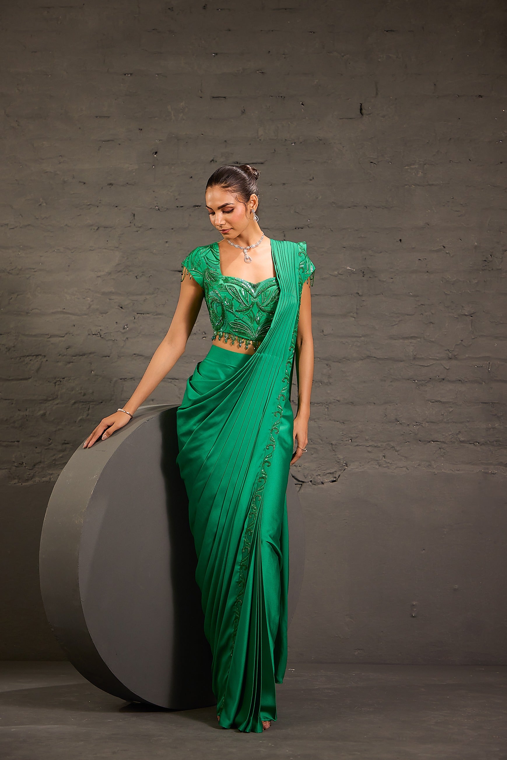 Emerald Green Embroidered Border Drape Saree Set