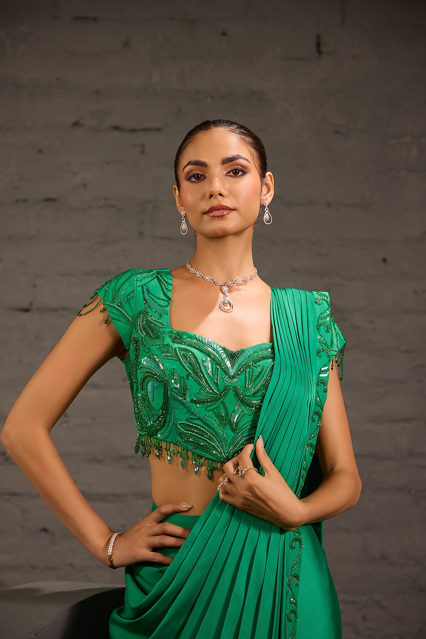 Emerald Green Embroidered Border Drape Saree Set