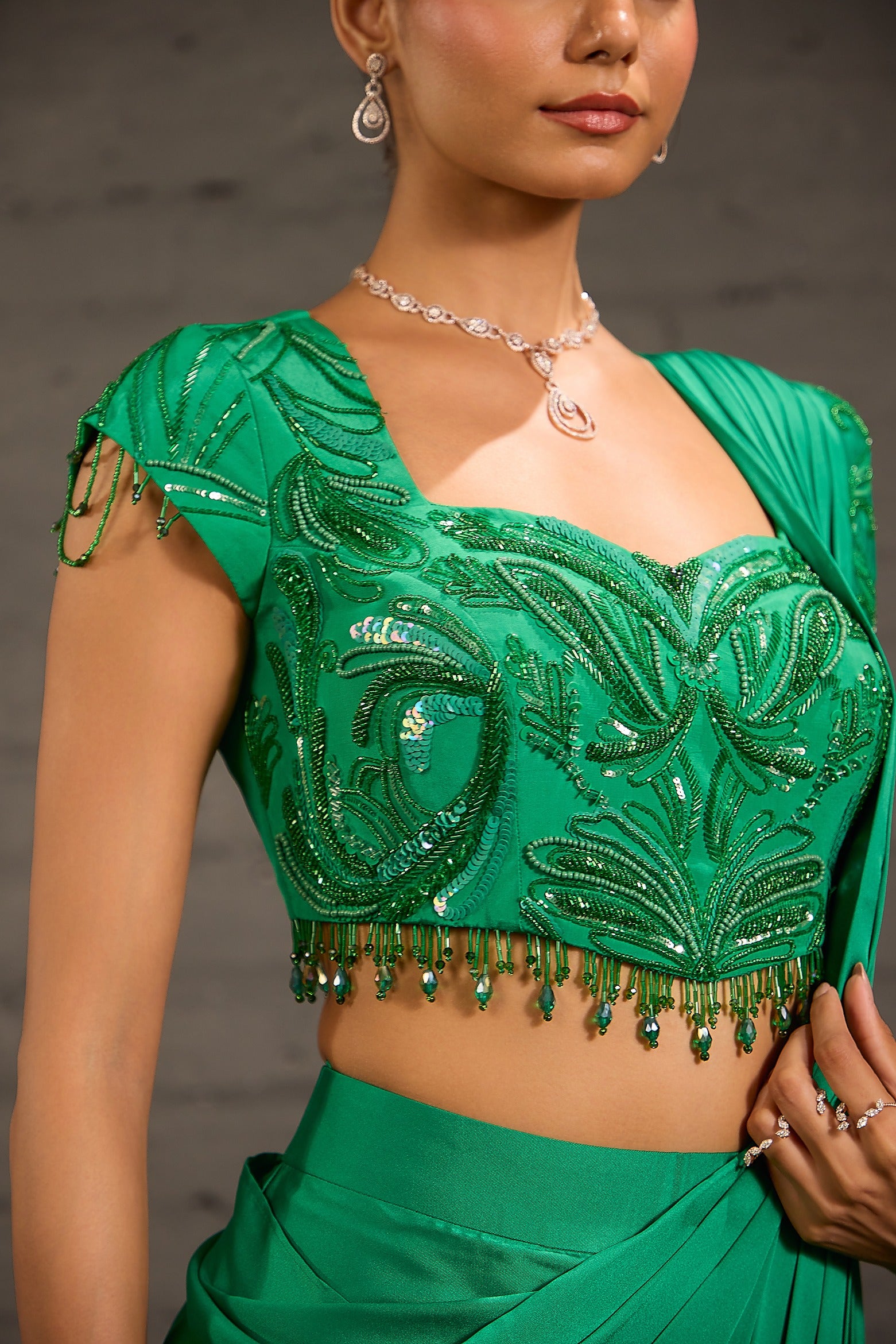 Emerald Green Embroidered Border Drape Saree Set