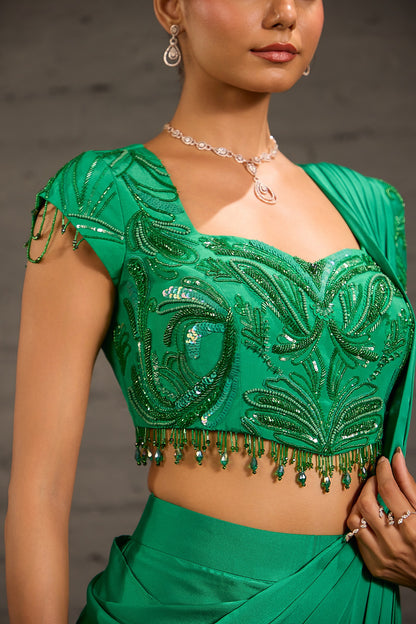 Emerald Green Embroidered Border Drape Saree Set