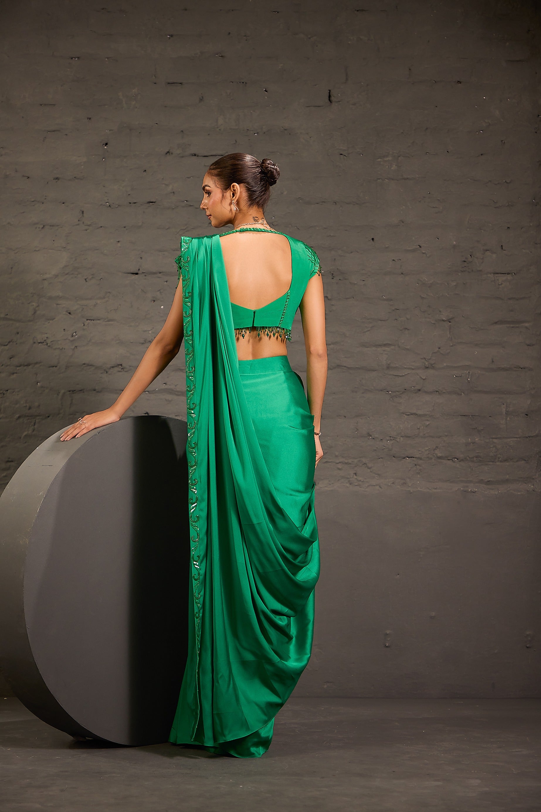 Emerald Green Embroidered Border Drape Saree Set
