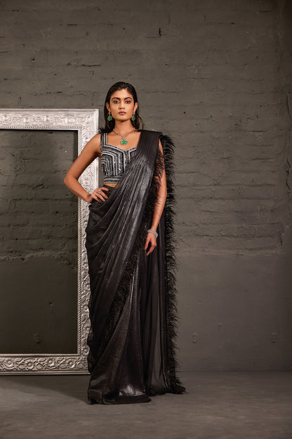 Black Hand Embroidered Blouse With Feather Palla Drape Saree