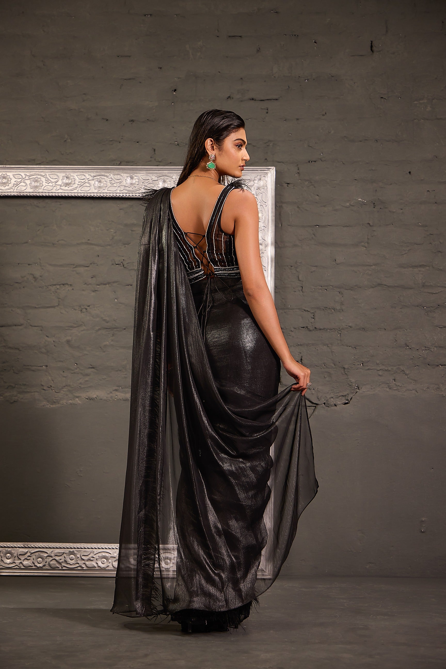 Black Hand Embroidered Blouse With Feather Palla Drape Saree