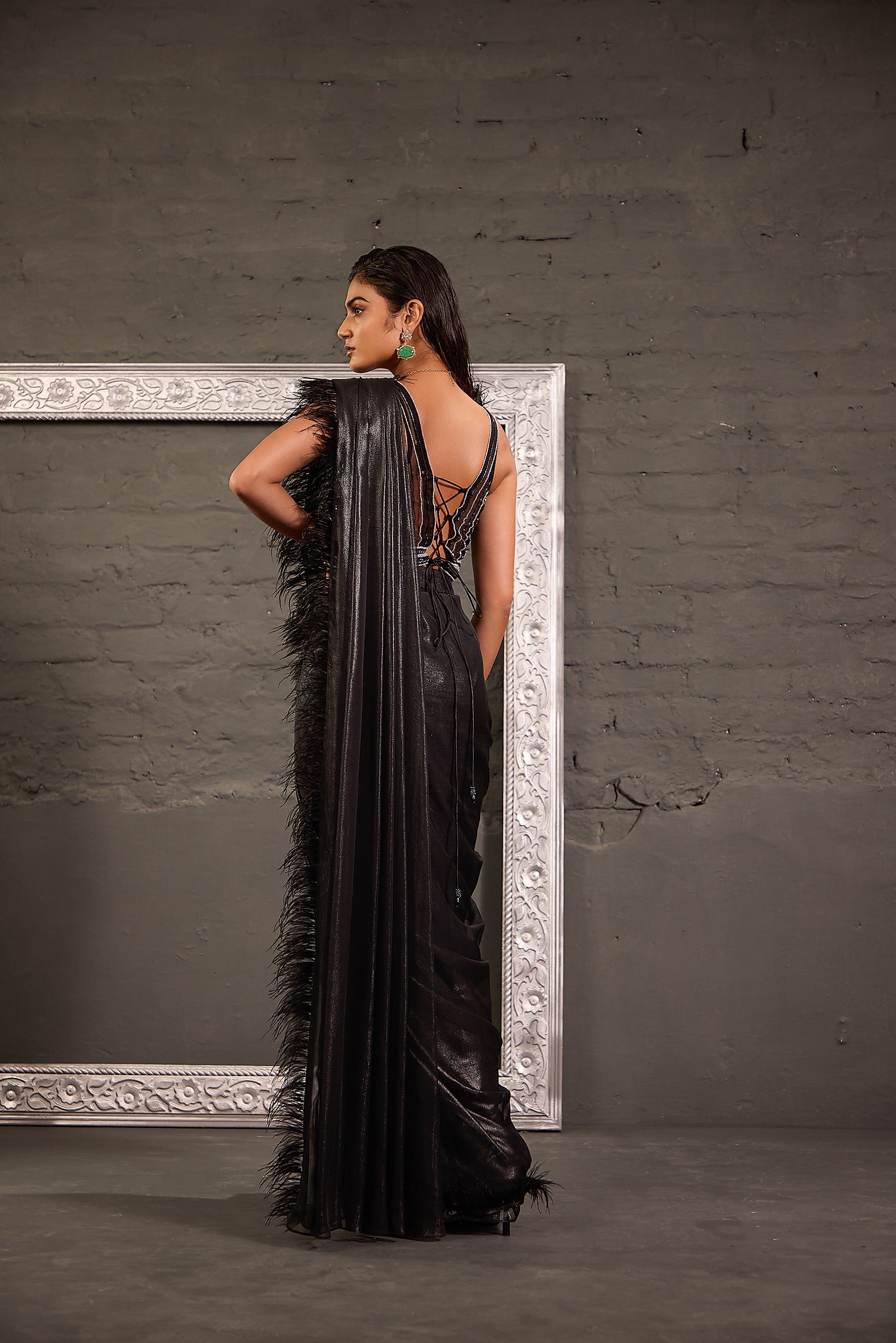 Black Hand Embroidered Blouse With Feather Palla Drape Saree
