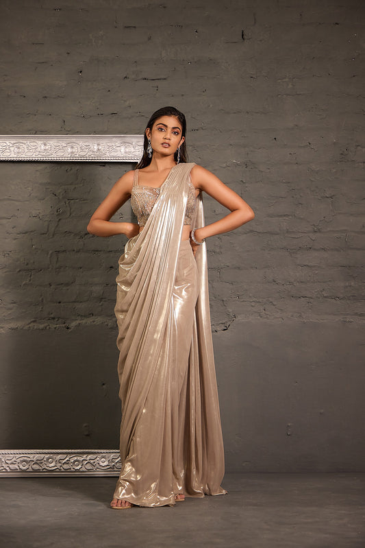 Champagne Hand Embroidered  Blouse With Drape Saree