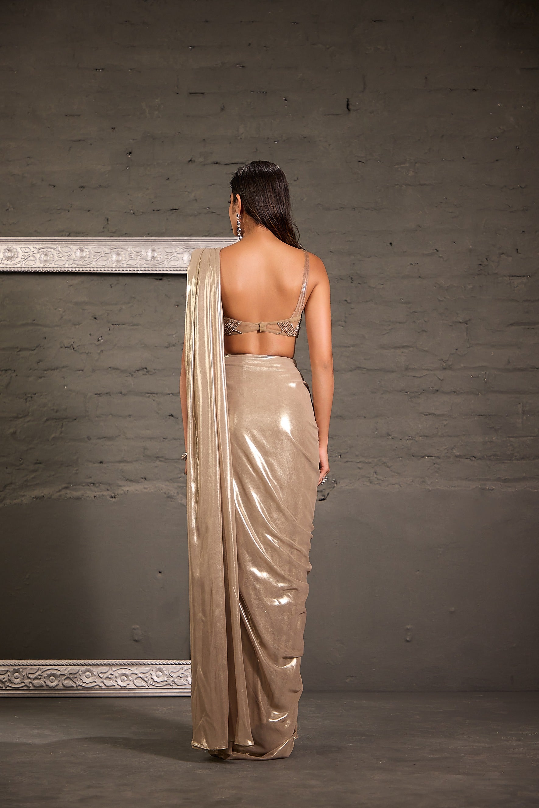 Champagne Hand Embroidered  Blouse With Drape Saree