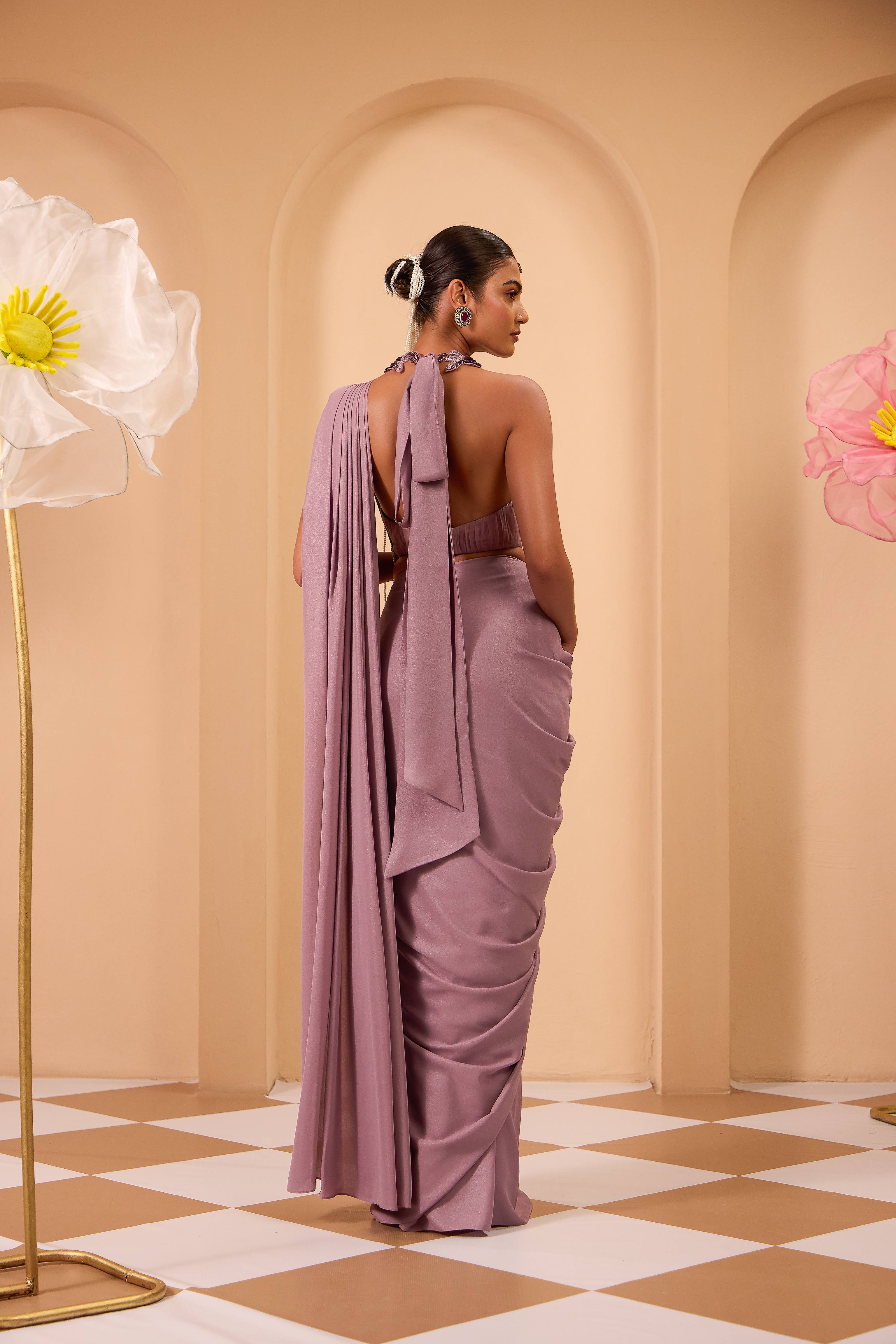 Hand Embroidered Lilac Halter Neck Blouse with Drape Saree