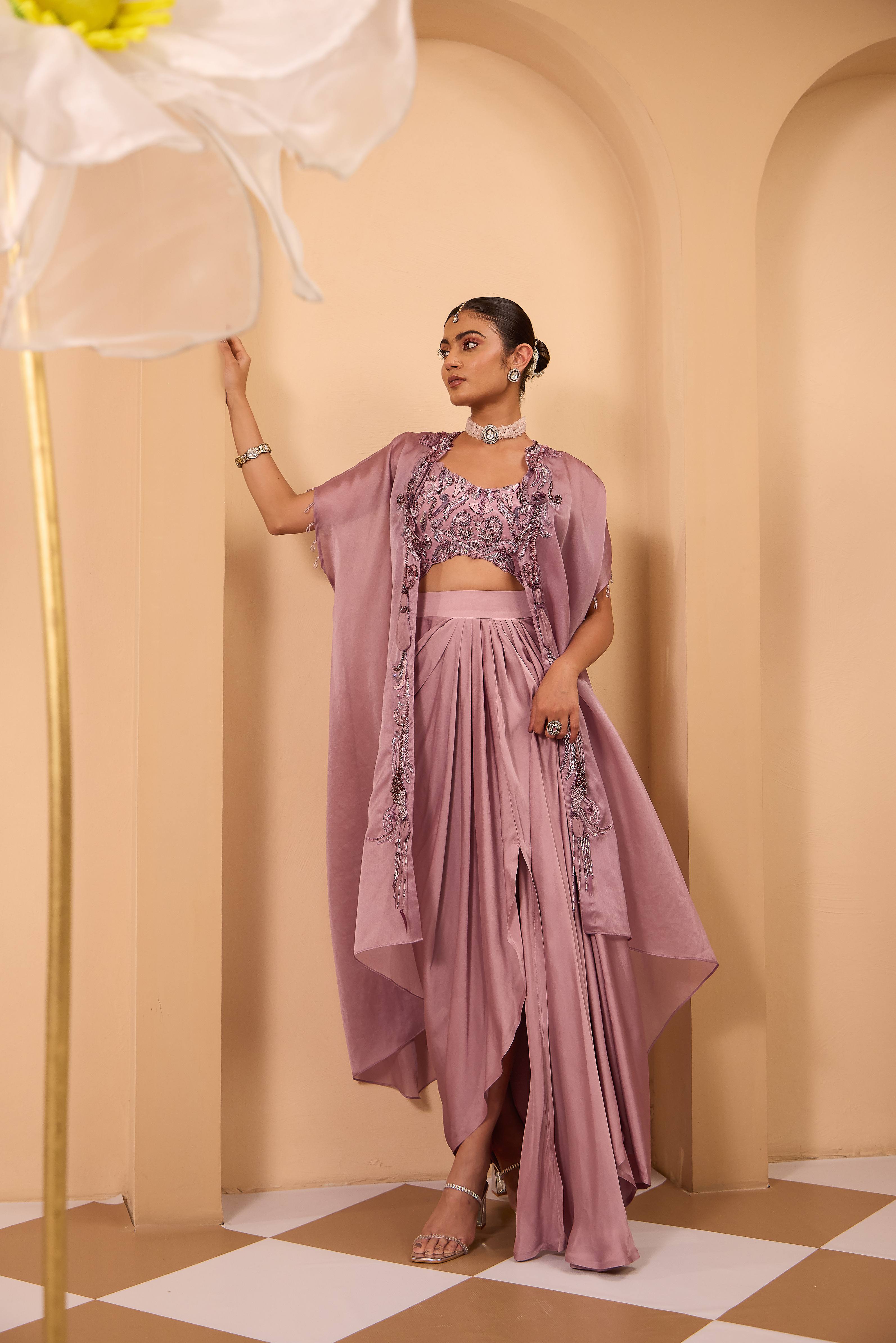 Purple Drape Skirt with Hand Embroidered Cape & Blouse