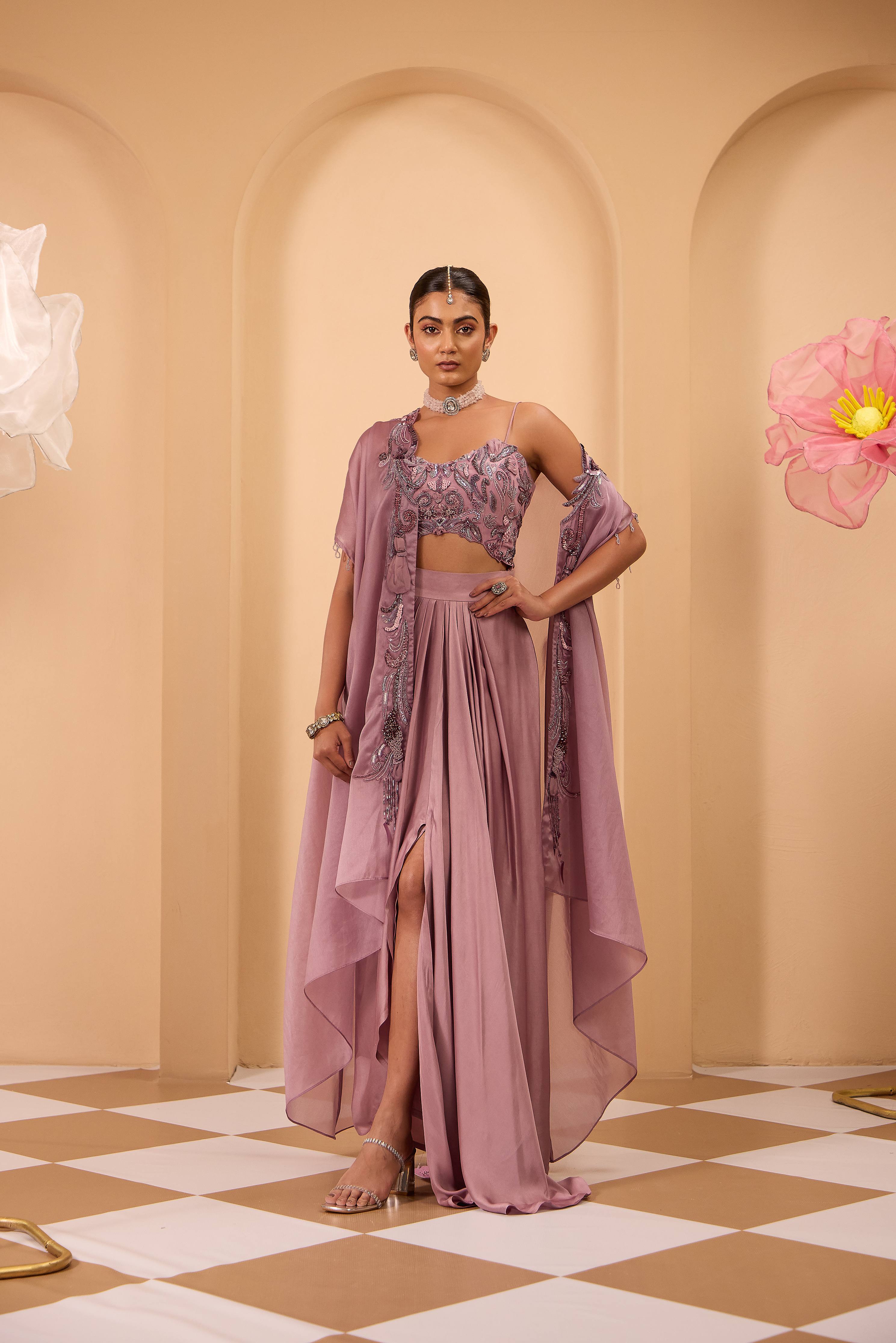 Purple Drape Skirt with Hand Embroidered Cape & Blouse