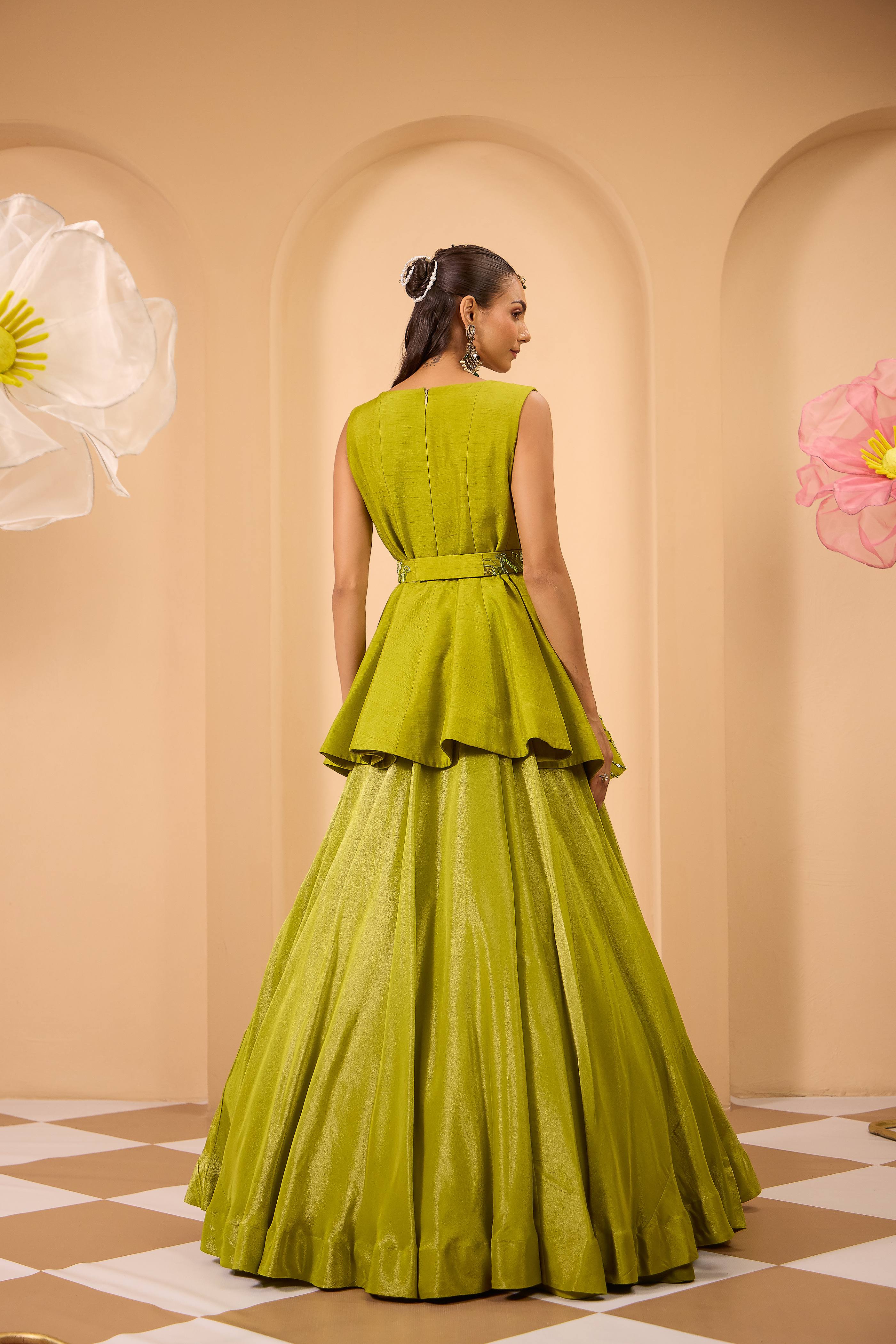 Lime Green Hand Embroidered Peplum W/Lehenga & Dupatta