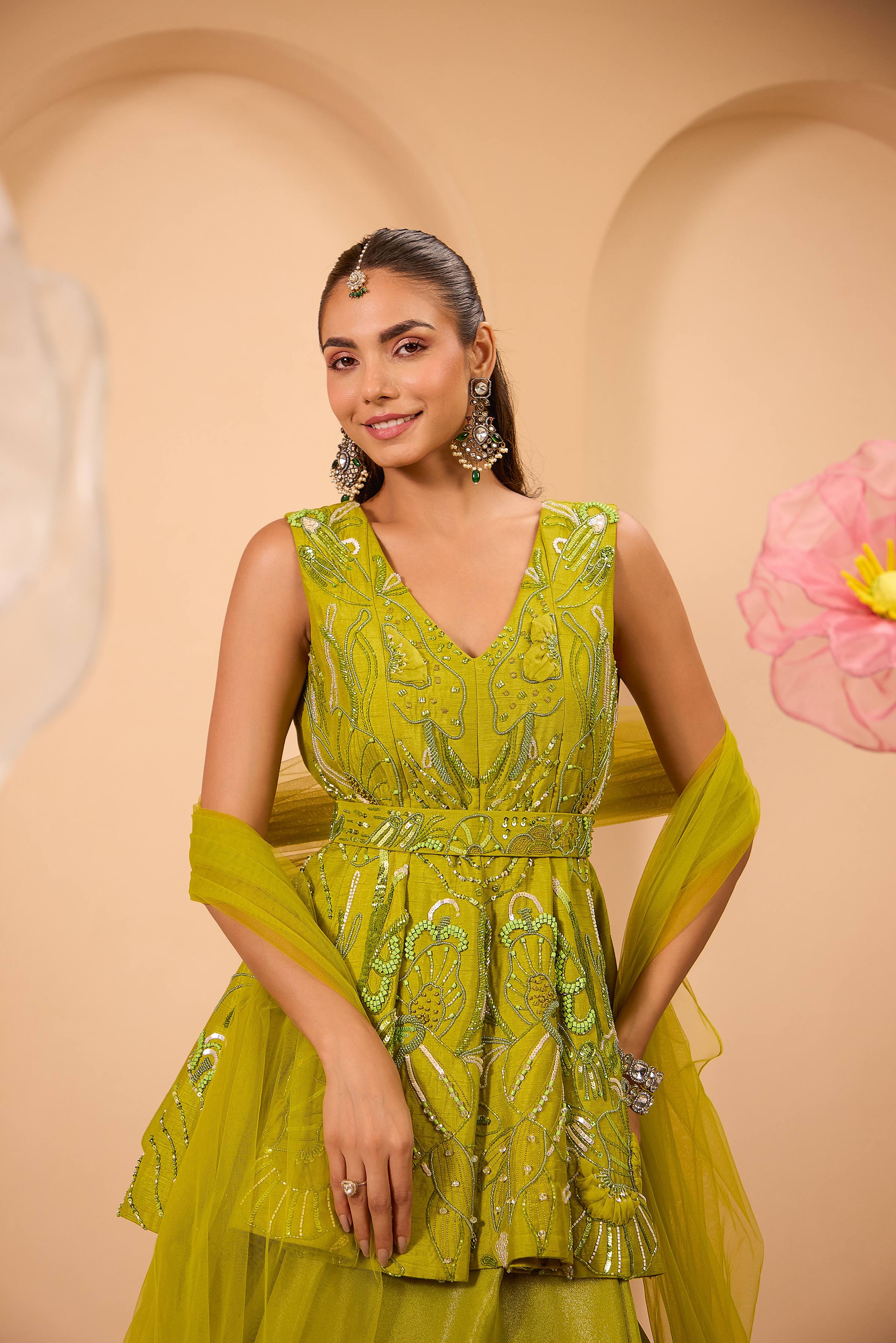 Lime Green Hand Embroidered Peplum W/Lehenga & Dupatta
