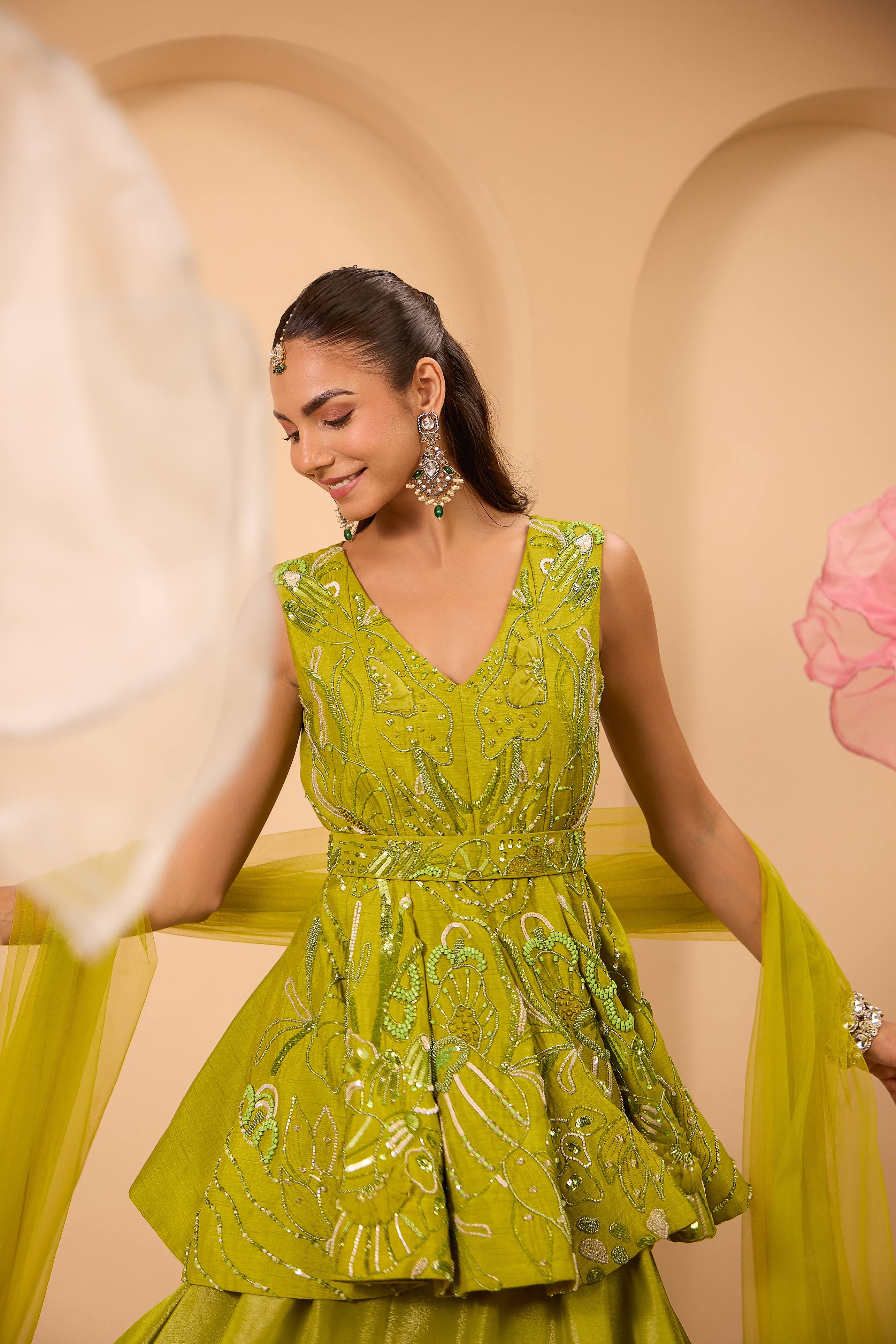 Lime Green Hand Embroidered Peplum W/Lehenga & Dupatta