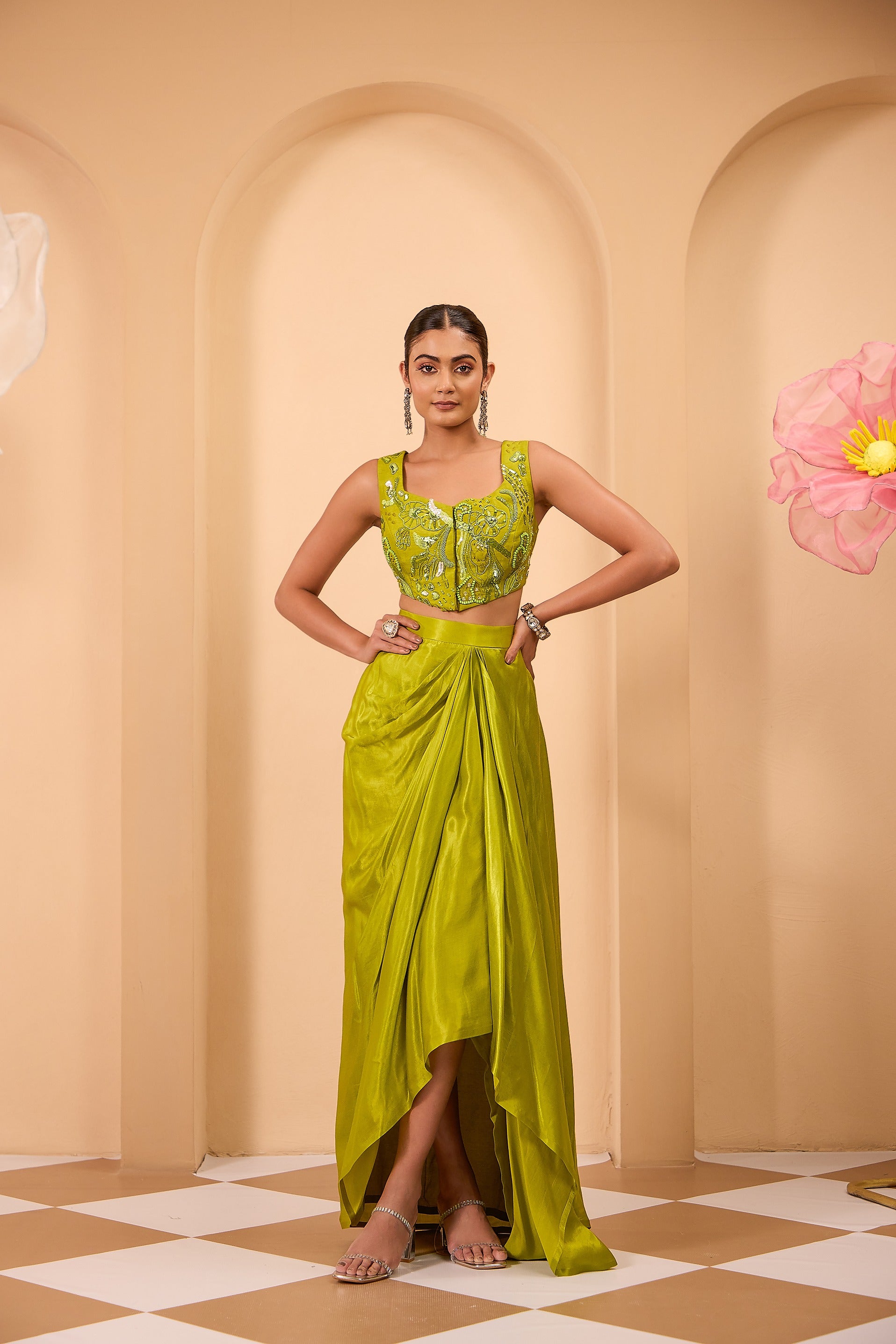 Hand Embroidered Waistcoat with Drape Skirt & Cape