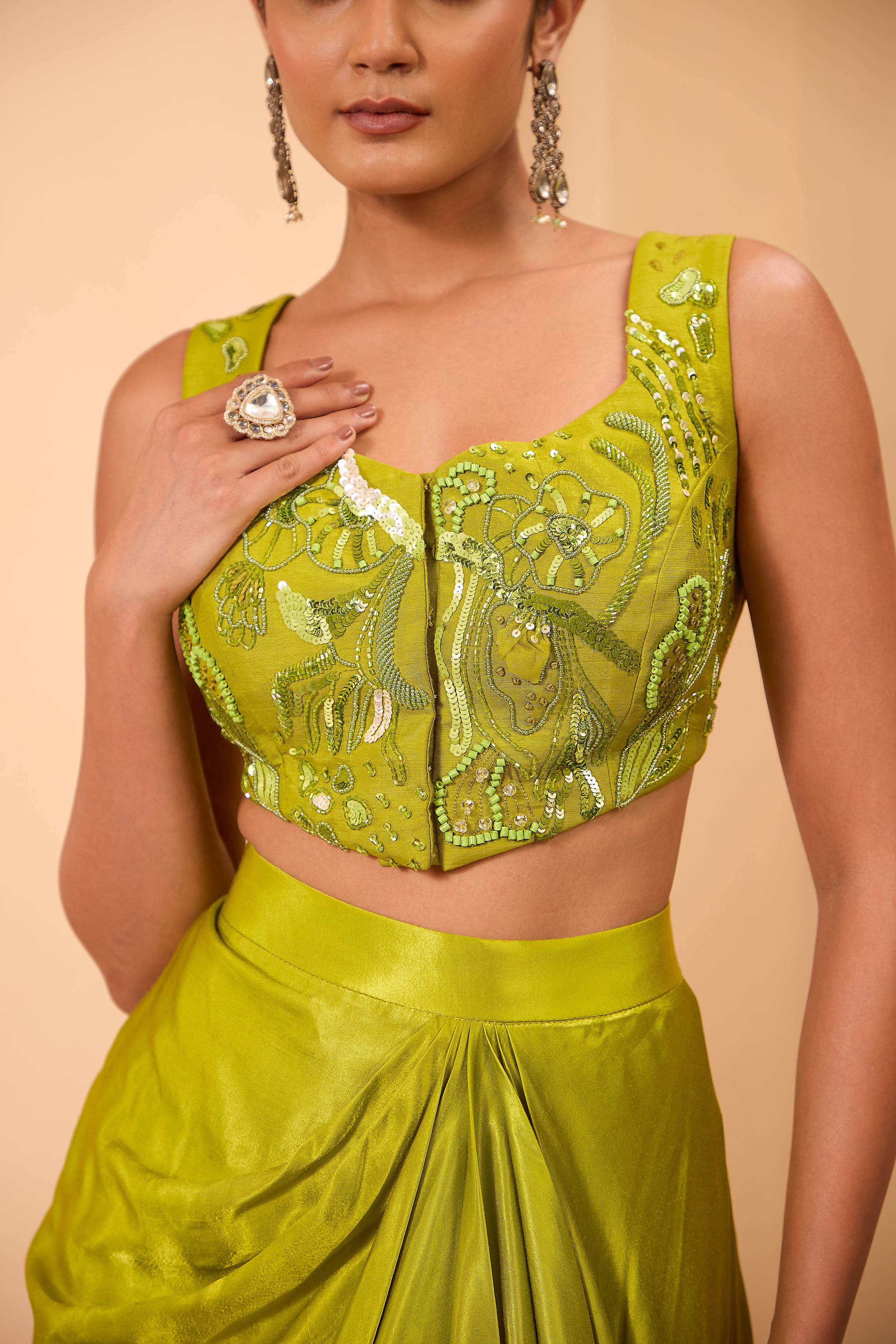 Green Embroidered Waistcoat with Drape Skirt