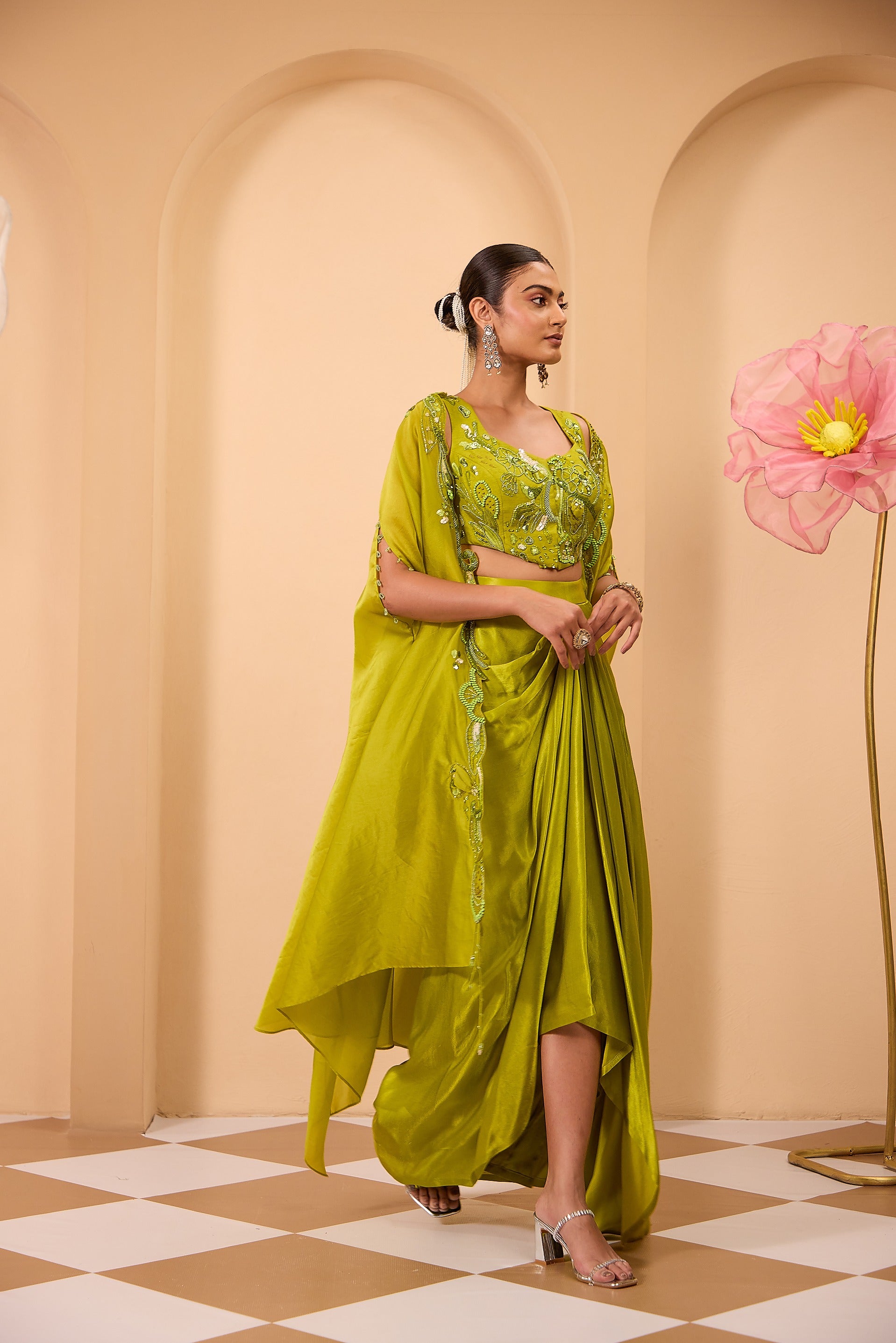 Hand Embroidered Waistcoat with Drape Skirt & Cape